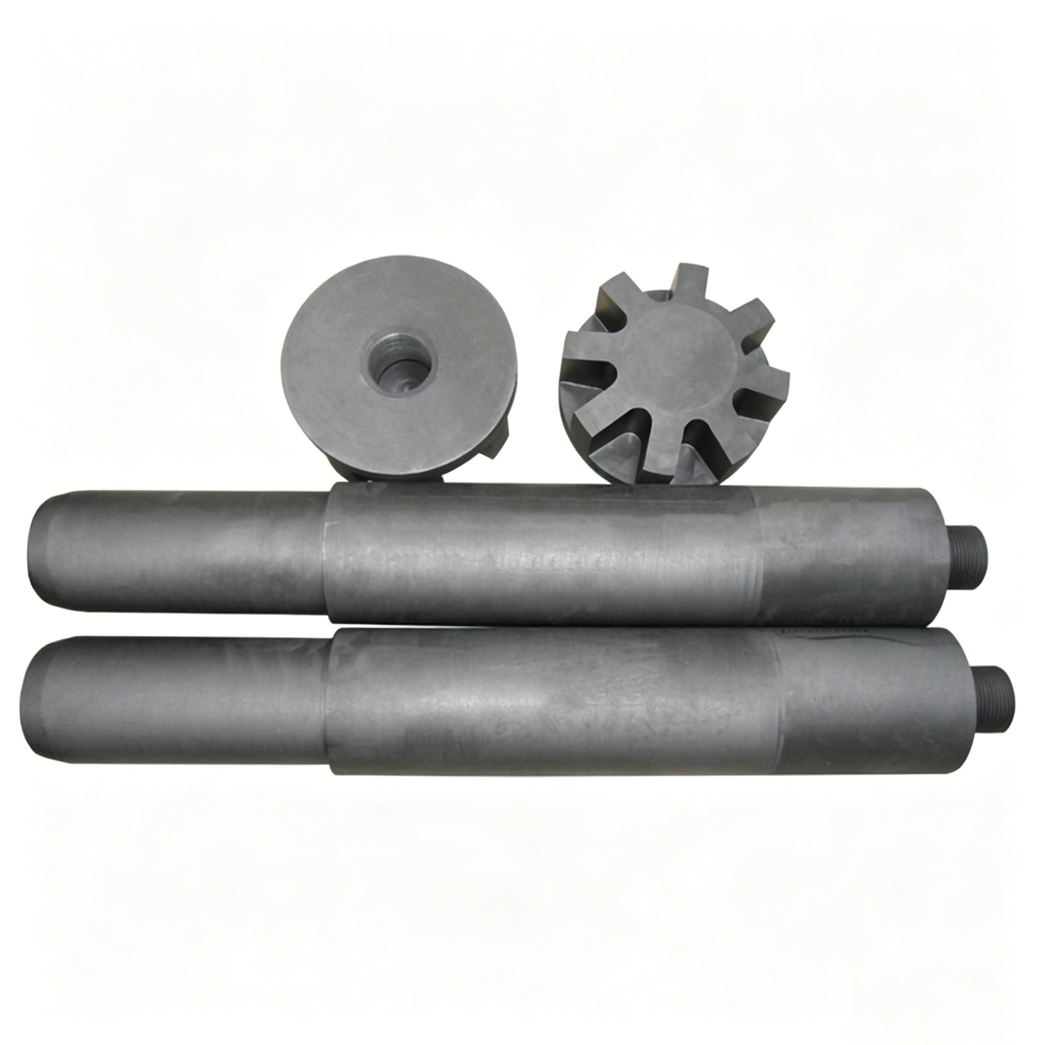 Detachable graphite rotor components showing rotor shaft and impeller head for casting
