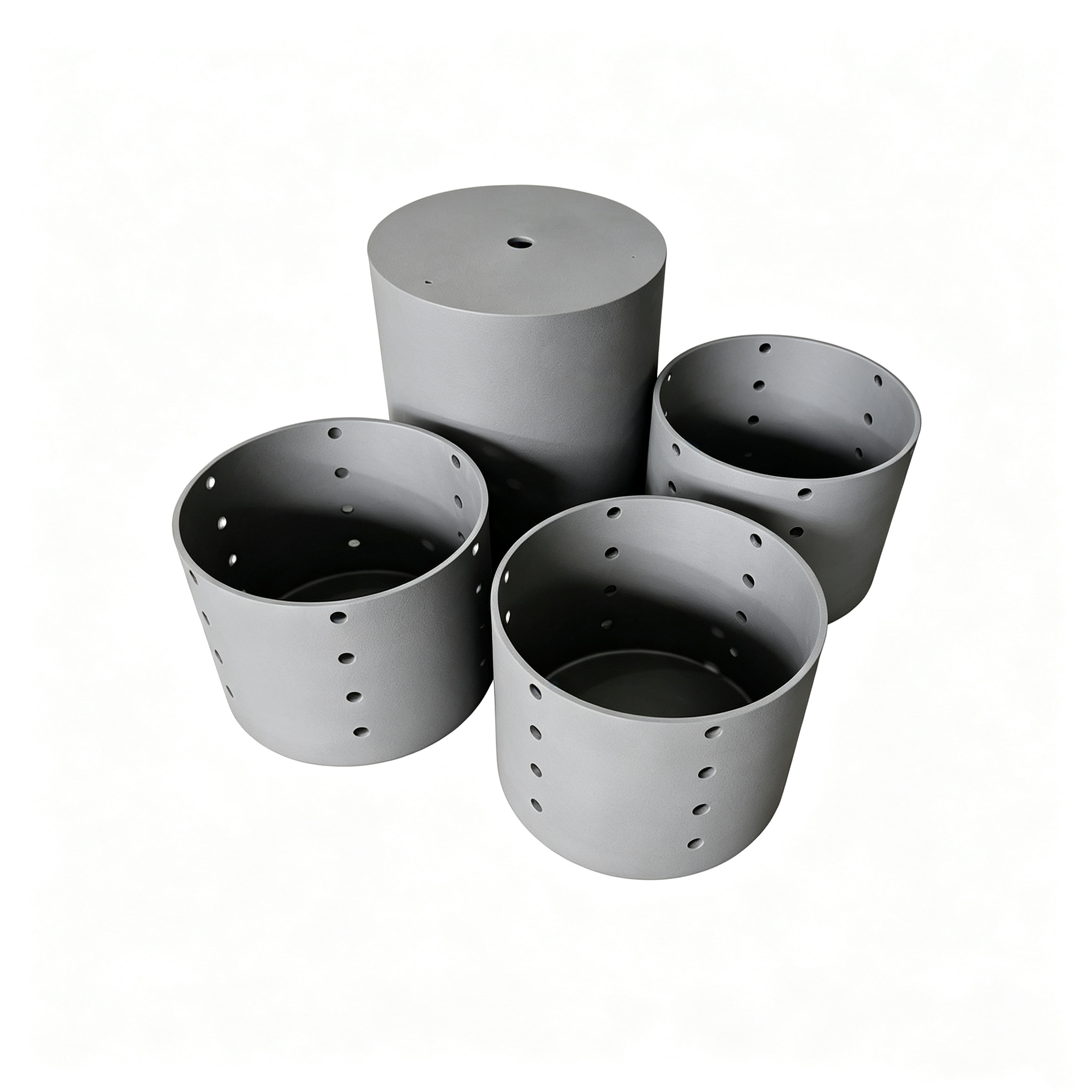 Perforated graphite crucible set 4 pieces with uniform side holes, different sizes for batch processing and gas permeability applications, ventilated design for CVD CVI processes, NHD Carbon specialty crucibles