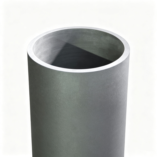 Tall straight graphite crucible side view, high wall cylindrical design with rounded bottom, large capacity industrial smelting container for aluminum copper melting, isostatic graphite material NHD Carbon manufacturer