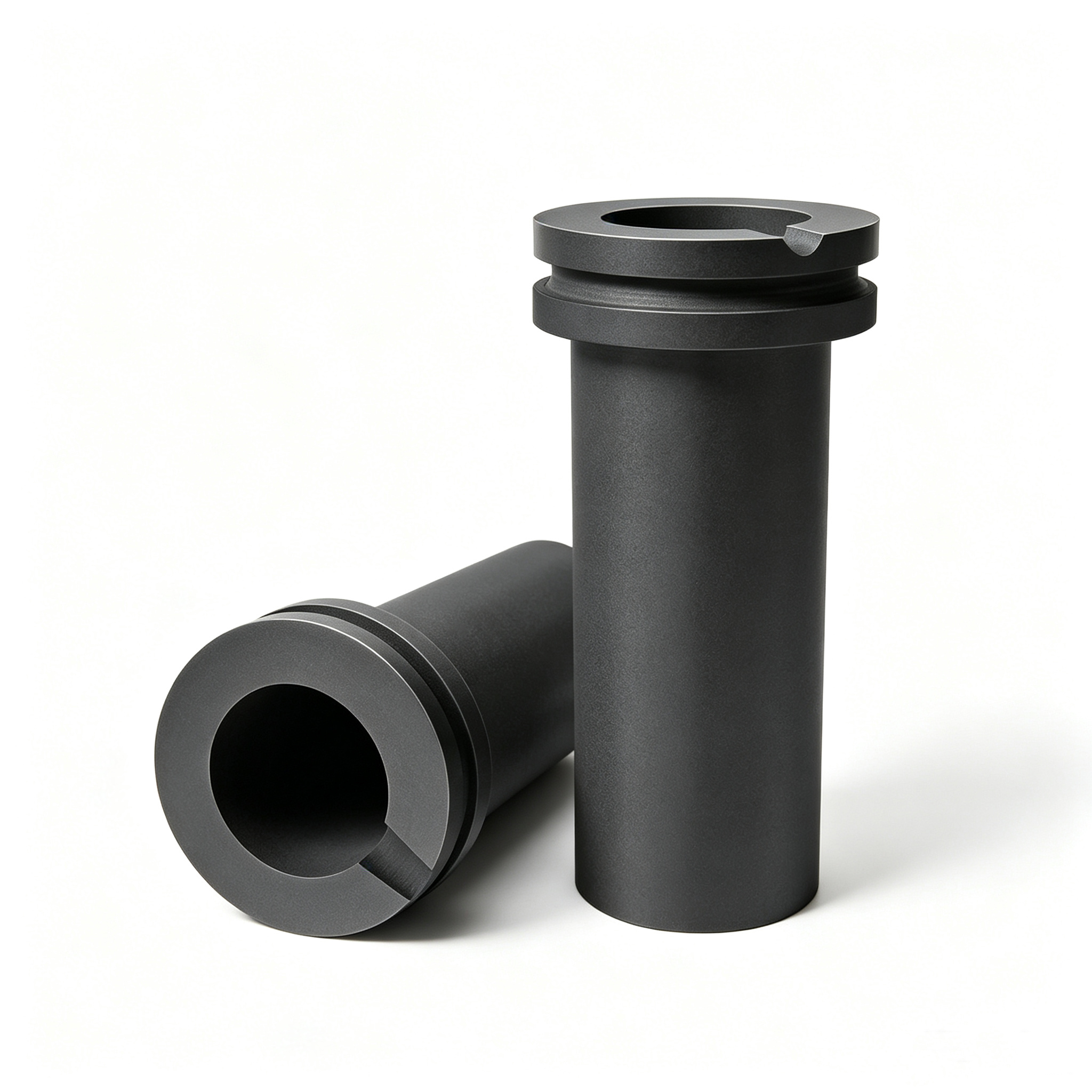 Pair of double ring graphite crucibles shown from multiple angles, demonstrating smooth inner wall and precise ring machining