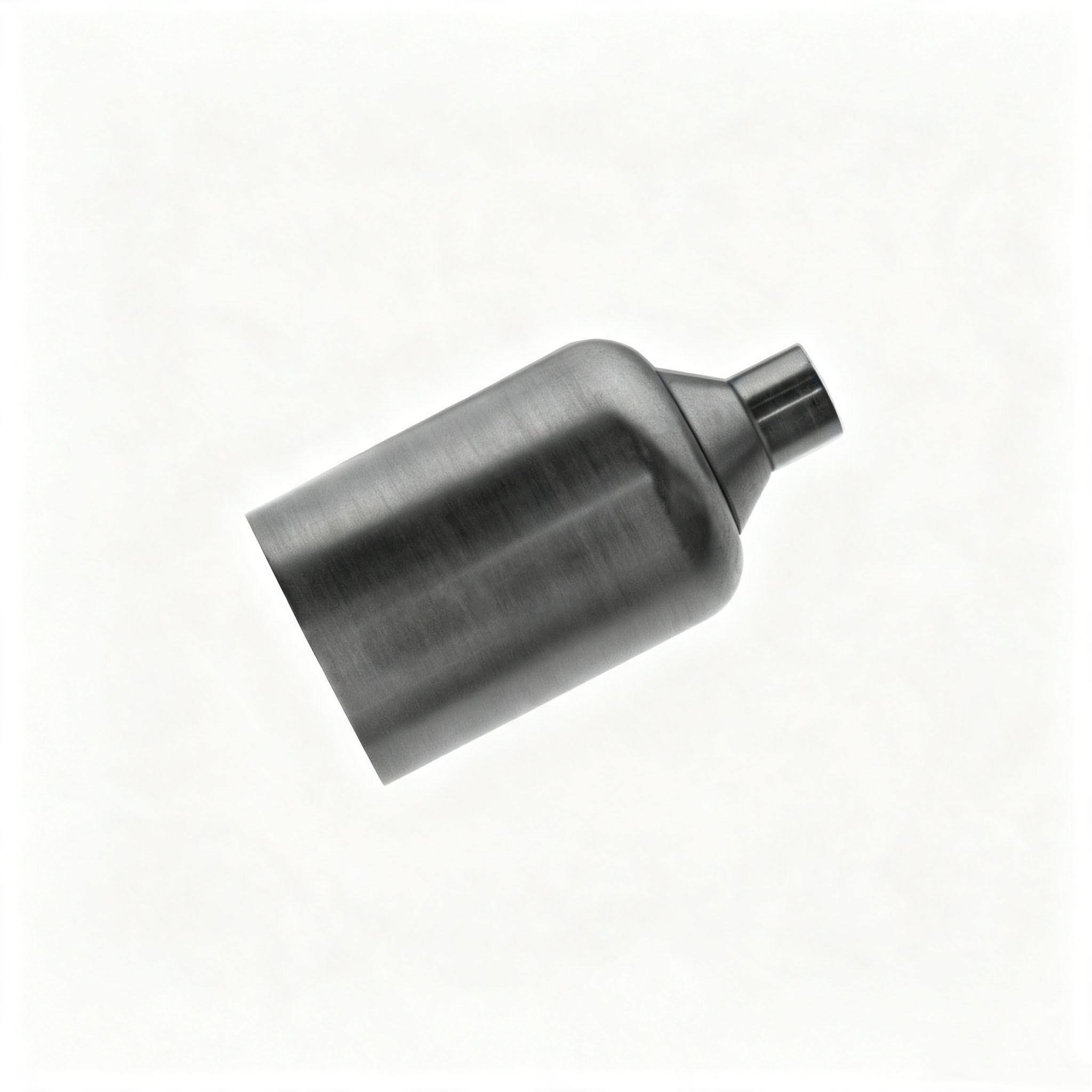 Slanted product photo of isostatic pressed graphite crucible with integrated taper discharge neck, customizable dimension graphite pot for automatic casting equipment