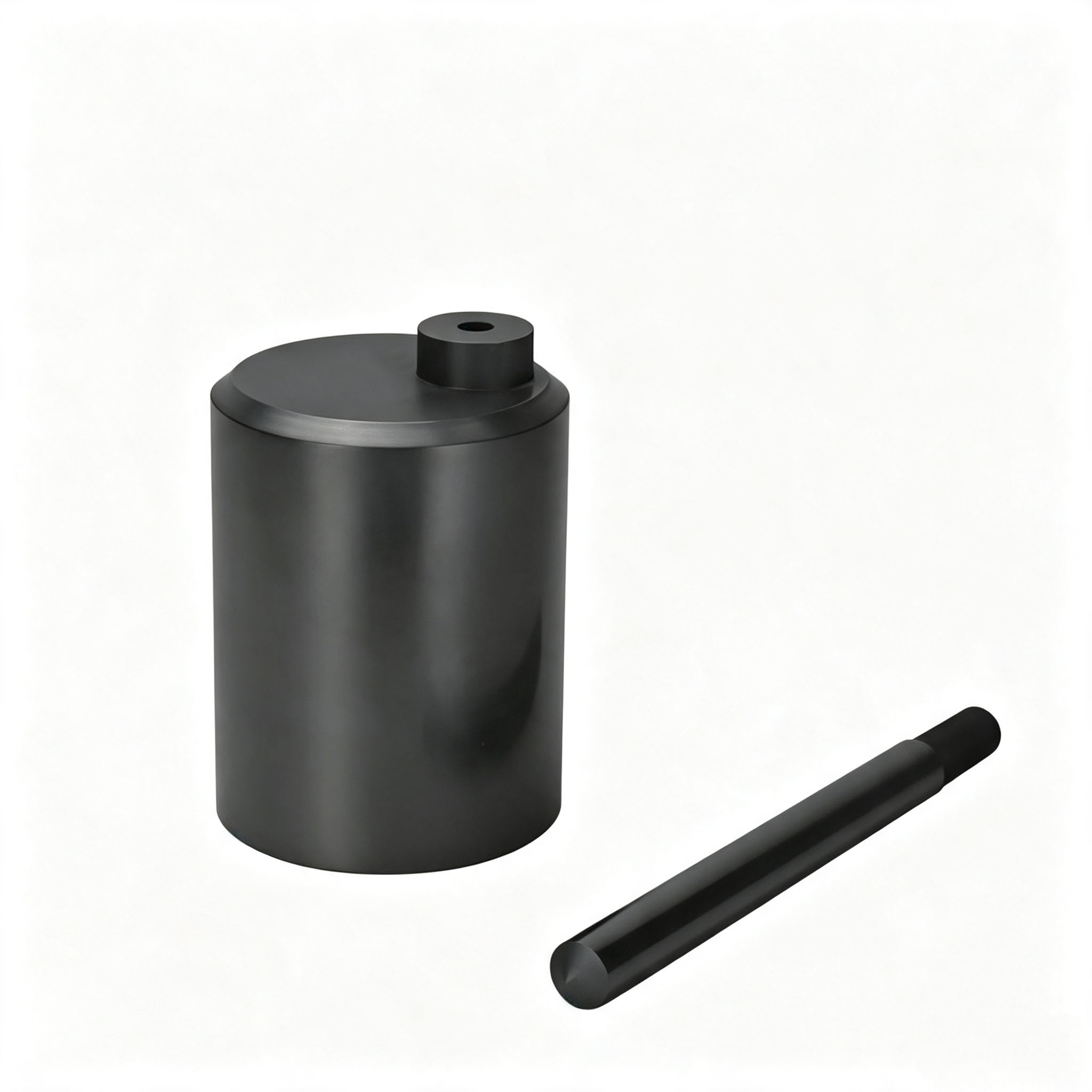 Vertical high purity graphite crucible with top boss hole, matched solid flat graphite stirring rod for lab precious metal melting casting