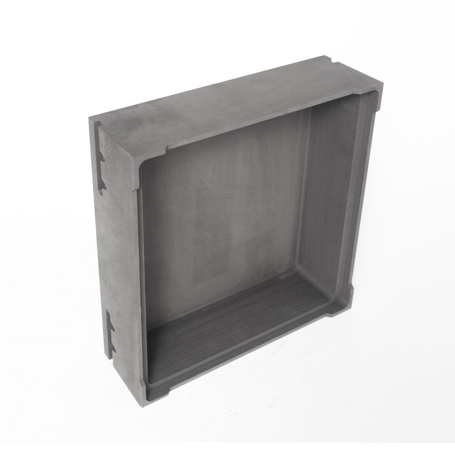 Side view of isostatic graphite sagger showing uniform wall thickness and reinforced rib structure for high mechanical strength at 2800°C