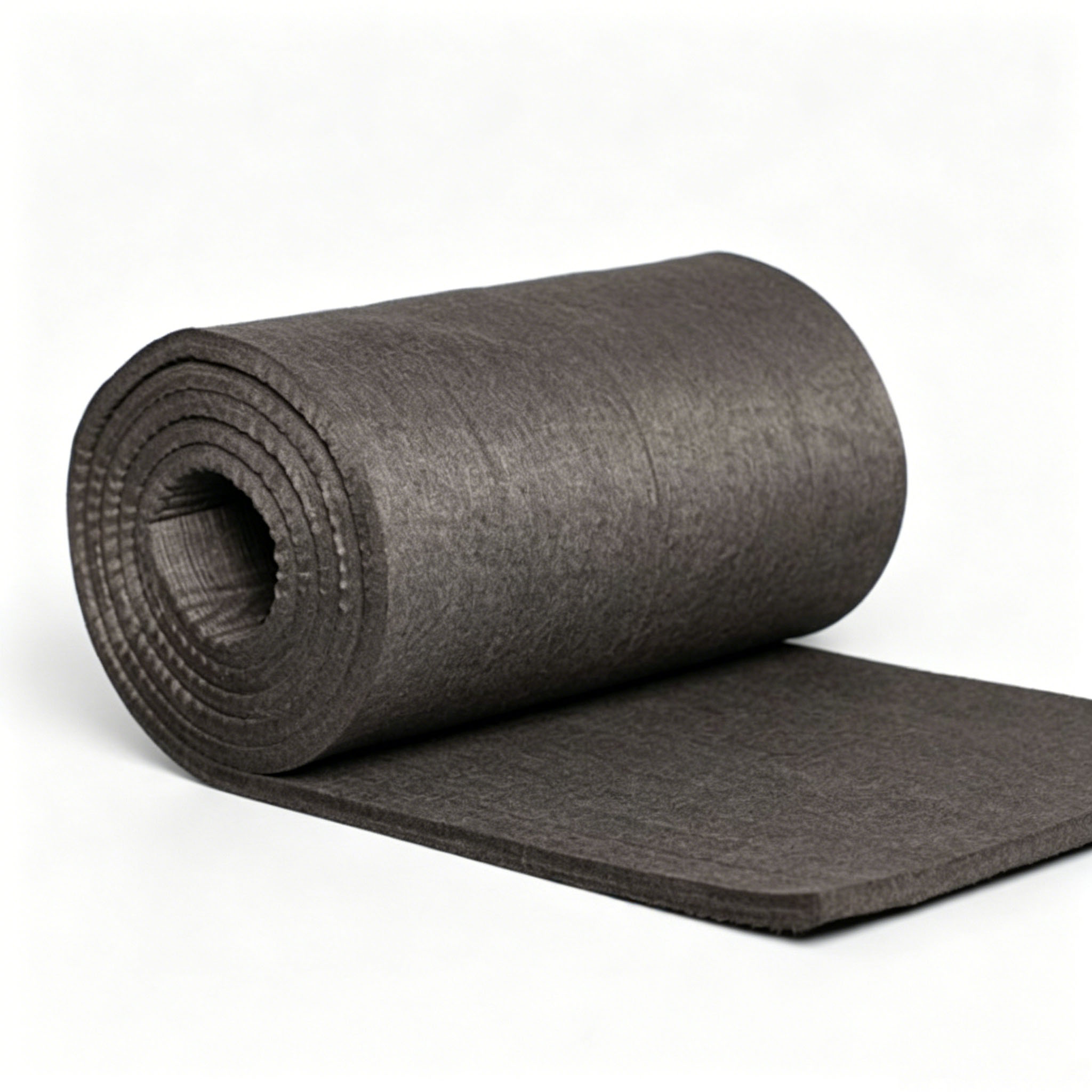 Partially unrolled rayon-based soft graphite felt showing material thickness and surface texture for high temperature insulation