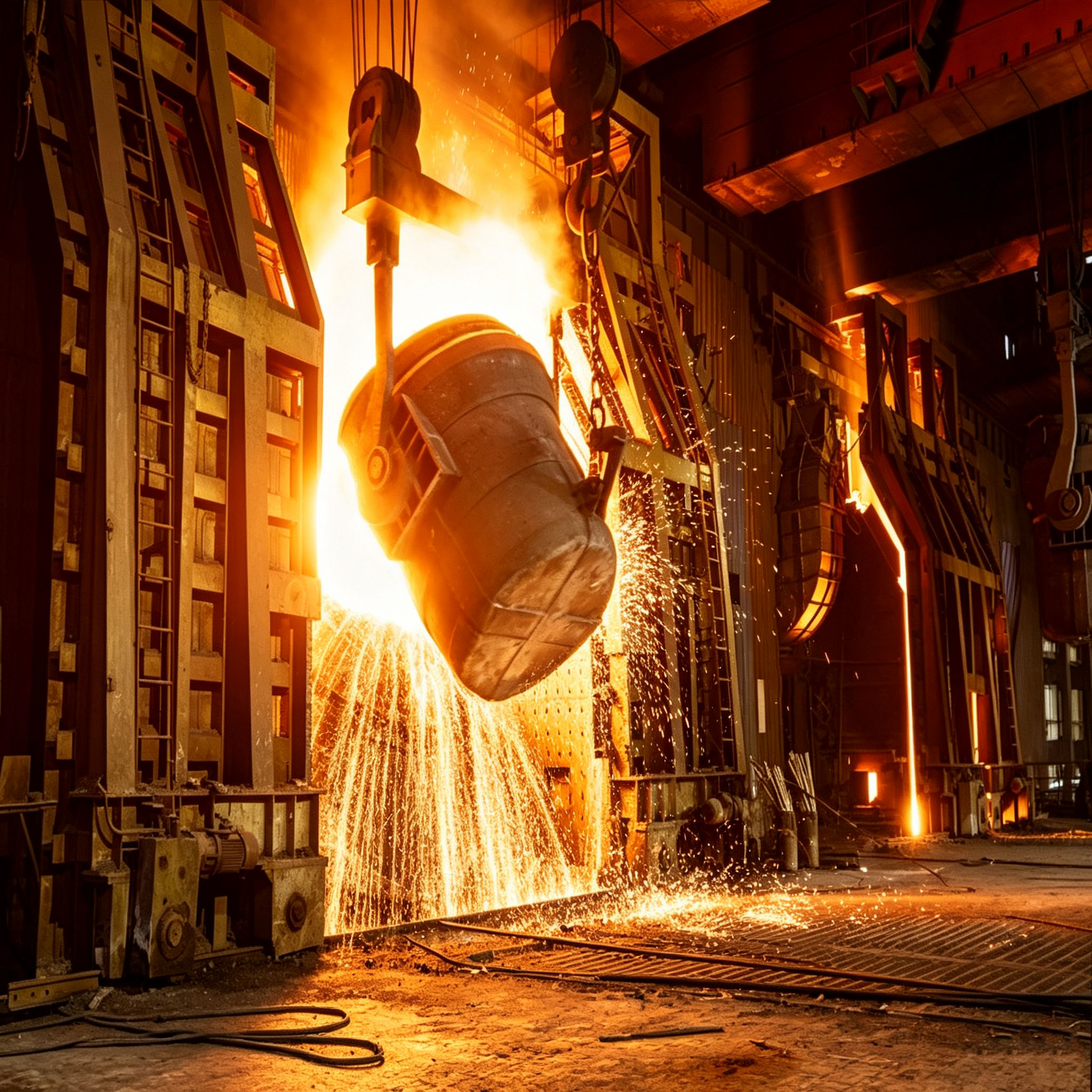 Graphite ingot mold in industrial casting with ladle pouring molten metal for industrial ingot production