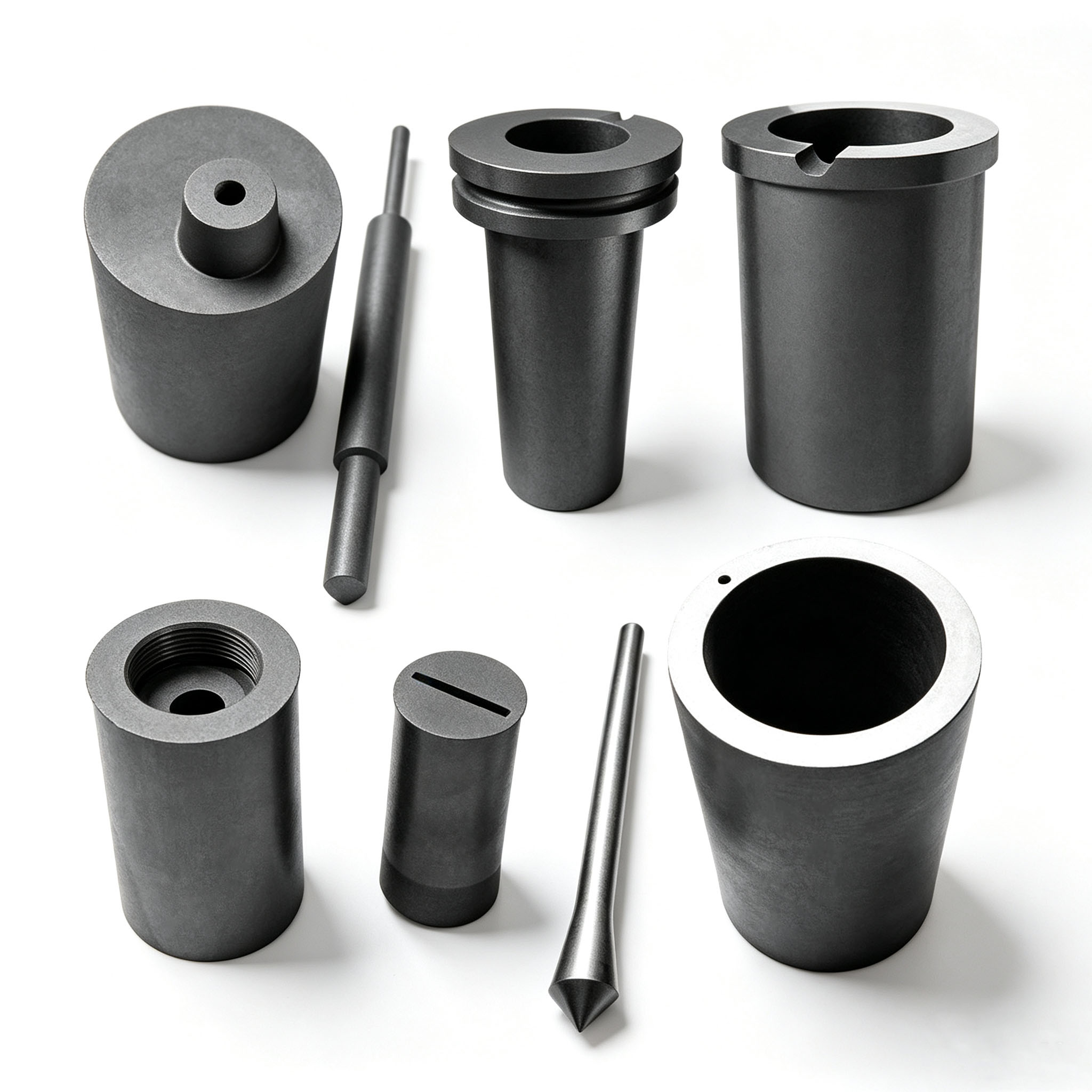 Various Custom Machined Graphite Crucibles & Graphite Rod Parts for Precious Metal Melting Semiconductor High Temperature Casting
