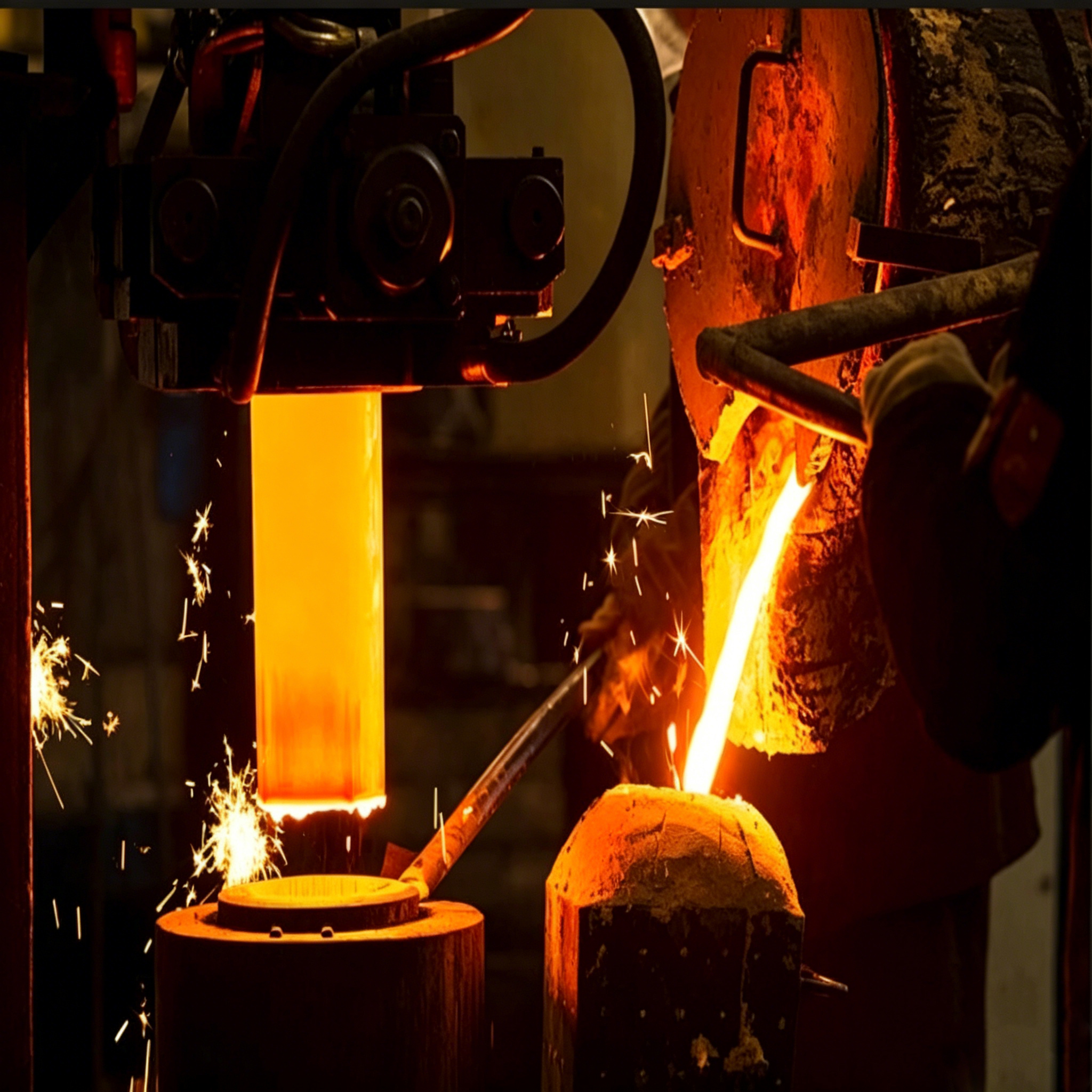 Graphite crucible and melting components for metal melting and alloy preparation, made of medium grain vibration molded graphite block with low ash content below 0.5%, showing molten metal pouring into graphite crucible