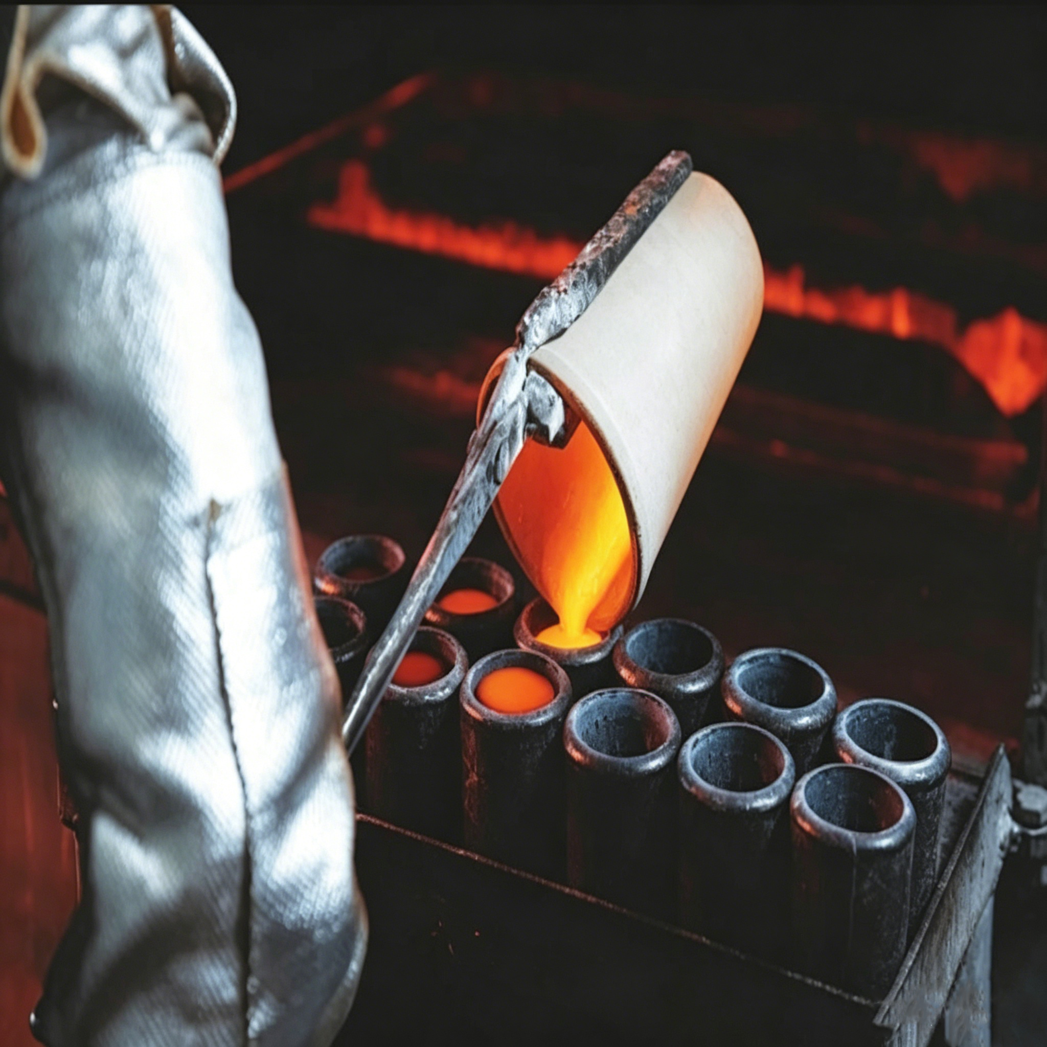 High-temperature graphite crucible pouring molten gold into casting molds for jewelry manufacturing, precious metal refining process