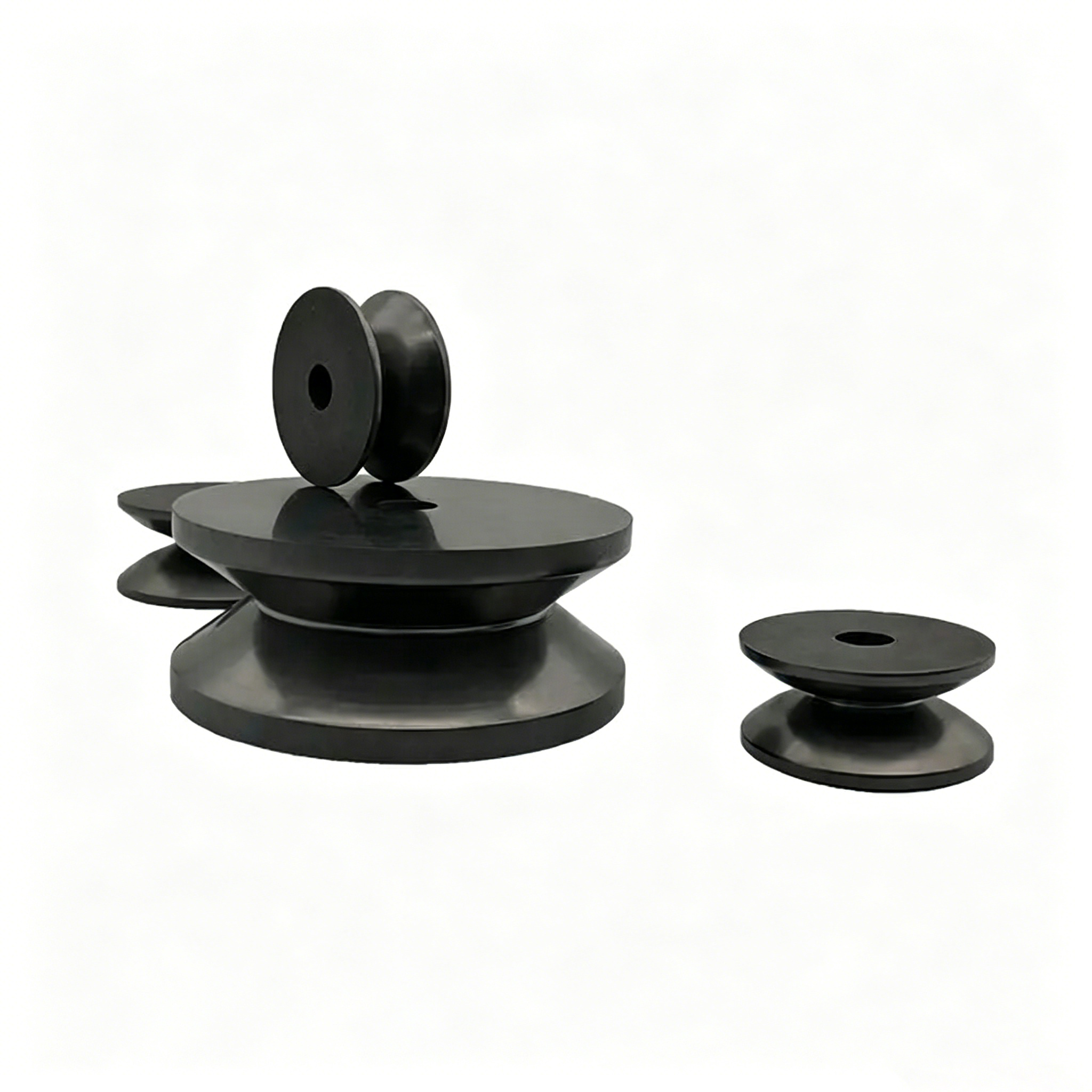 Three specification graphite guide rollers combination for different positions in glass fiber production line, interchangeable sizes for drawing, bunching and winding stages