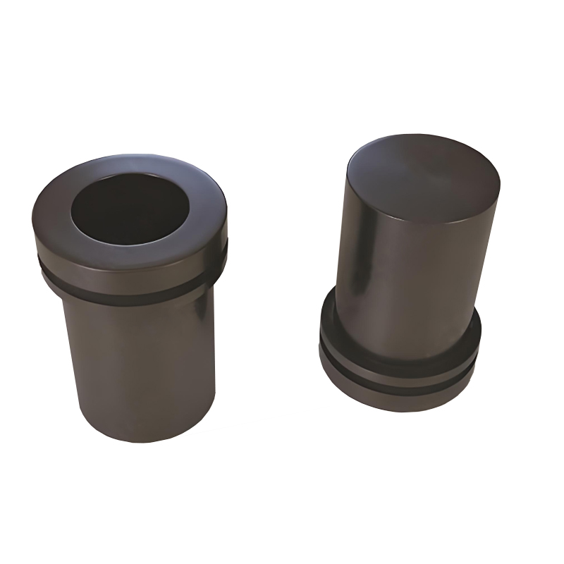 Double ring graphite crucible shown from front and bottom views, demonstrating dual-ring collar structure and flat base design