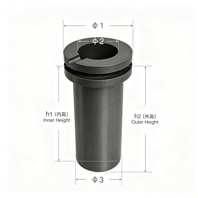 Double ring graphite crucible dimension diagram with outer diameter inner diameter bottom diameter inner height and outer height measurements