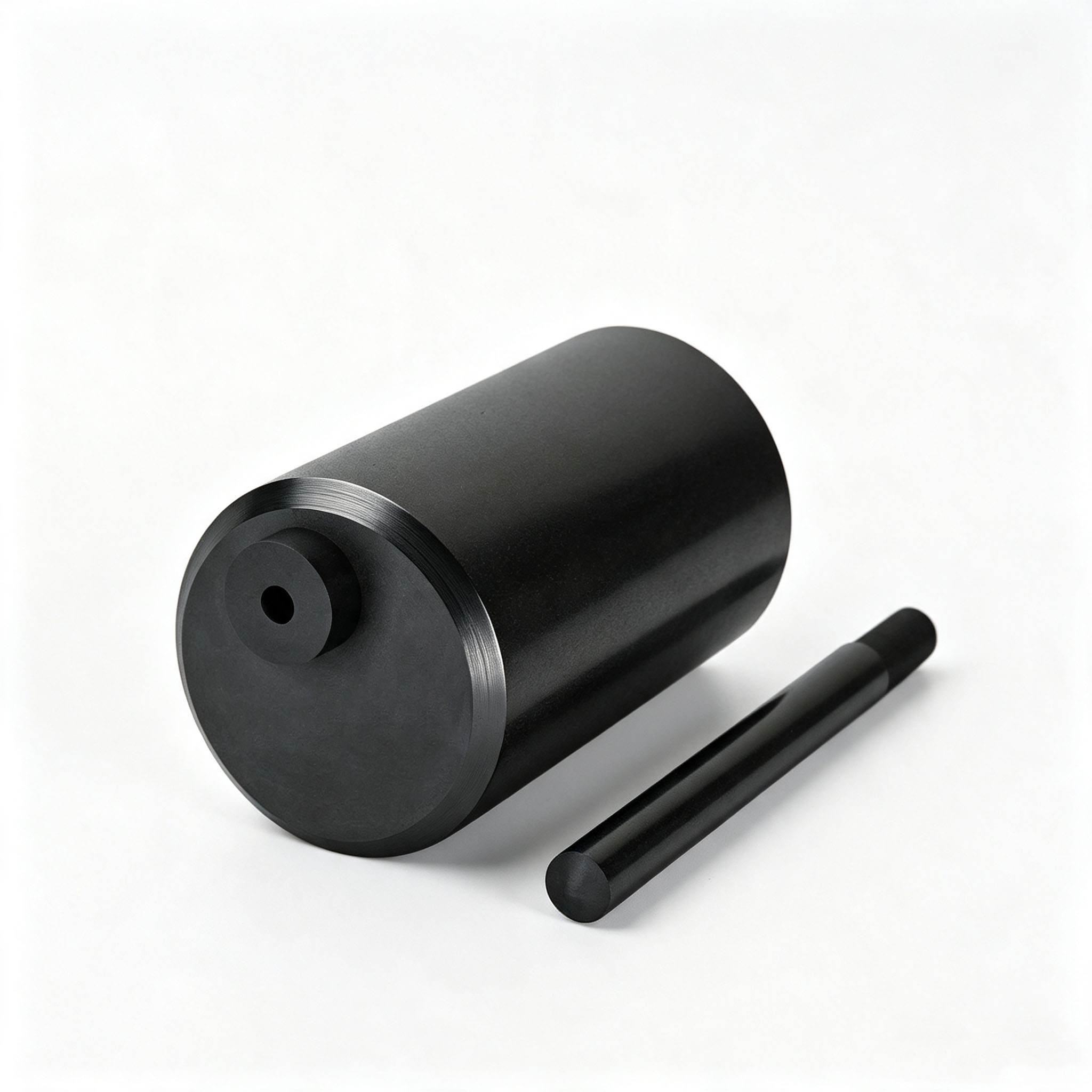 Horizontal placed graphite crucible with end central hole column, small short flat graphite stirring rod for small batch jewelry metal melting