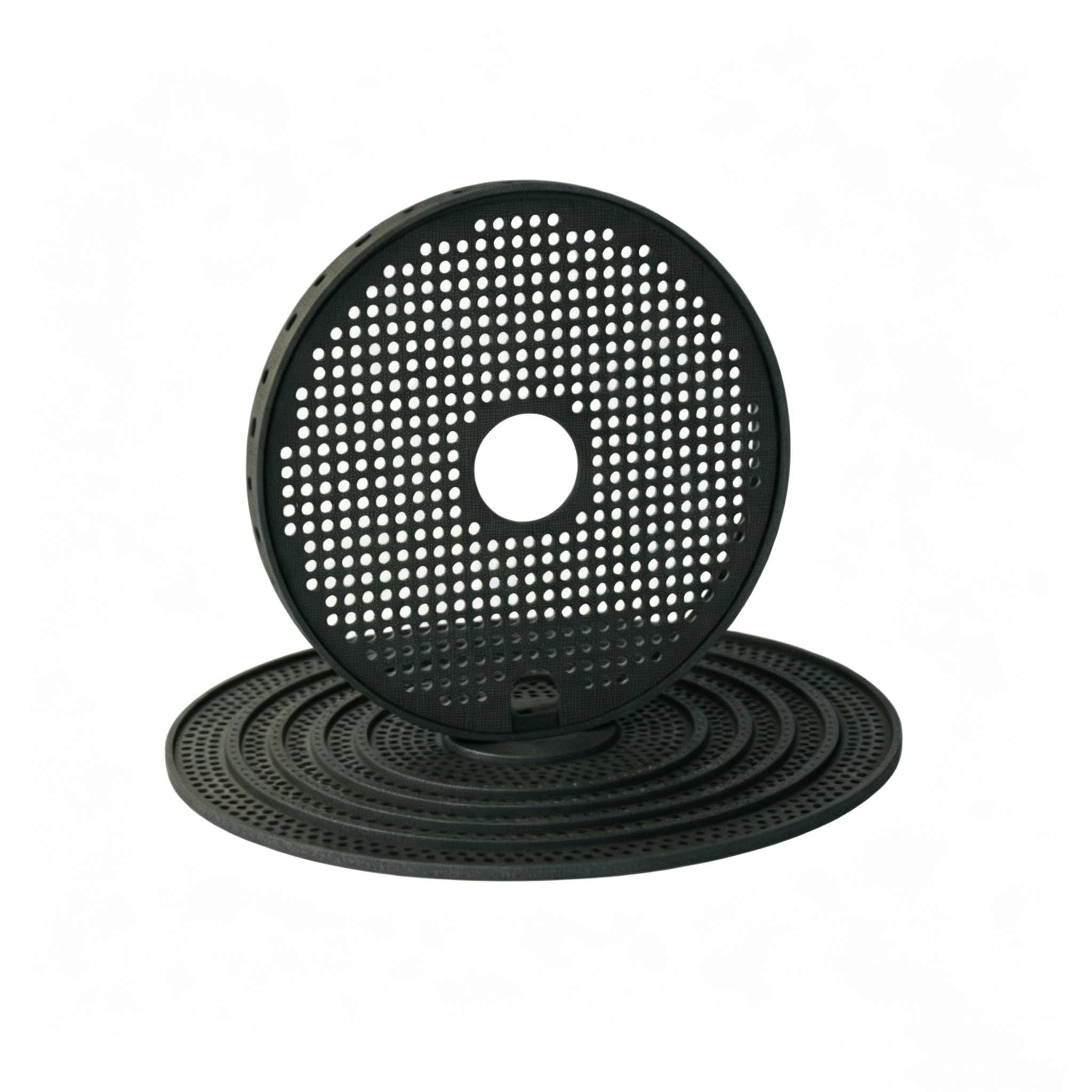 Graphite perforated disc stack set with multi-layer sintering trays, one disc standing display showing hole pattern detail, Ningheda custom porous carbon plates for batch production furnace