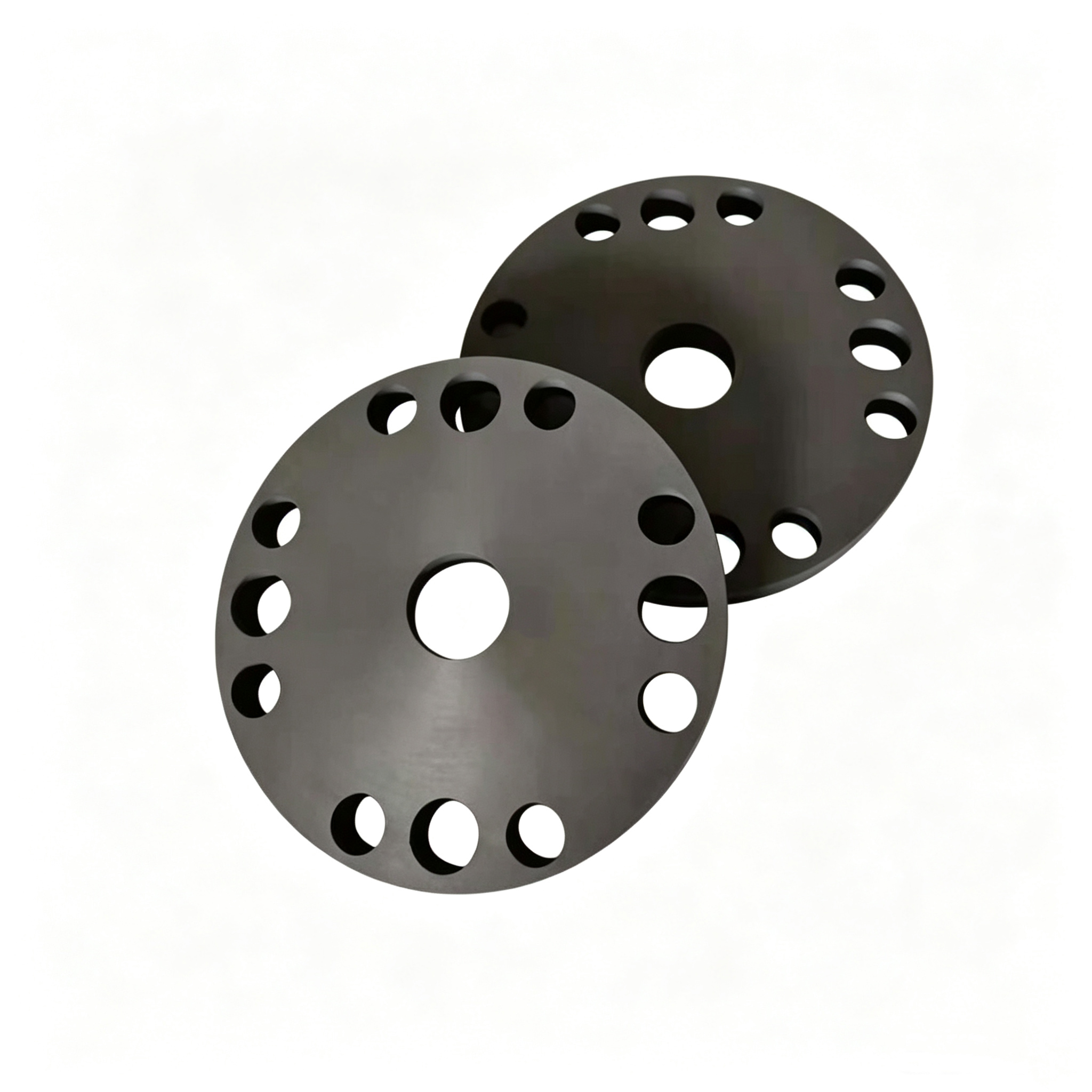 Thick-wall graphite disc stack with large holes and edge perforations, 3D rendered heavy-duty carbon sintering plate designed for extreme temperature and high mechanical load furnace use
