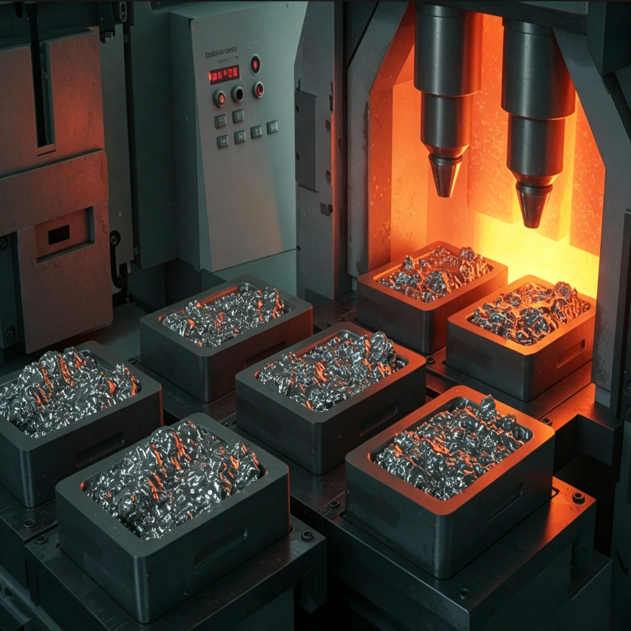 Multiple graphite boats loaded with metal powder undergoing high-temperature sintering in a pusher furnace, demonstrating iron-based and copper-based powder metallurgy production with precision graphite molds