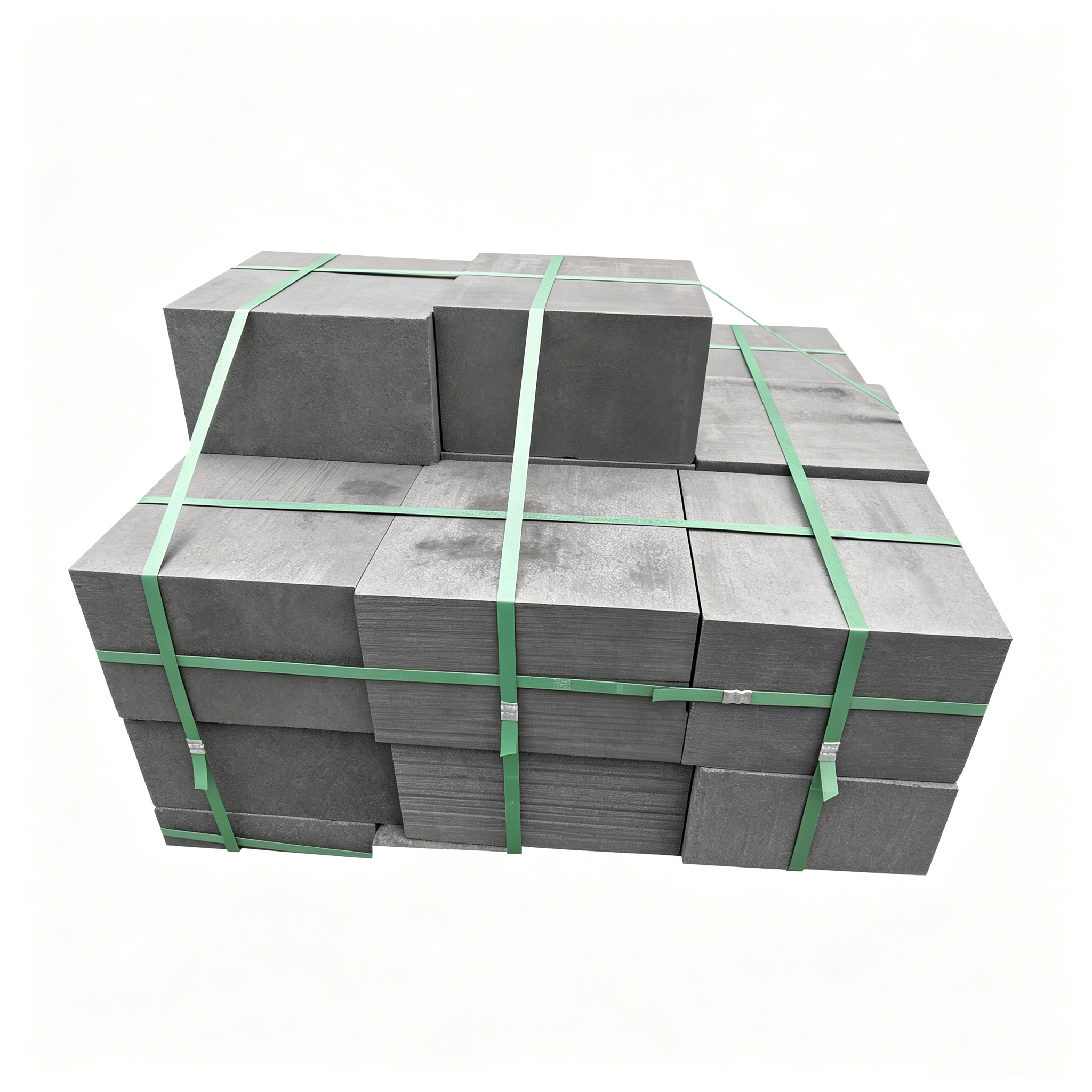 Product range of medium grain vibration molded graphite blocks in various sizes, 0.8mm and 2.0mm grain sizes with density 1.62-1.72g/cm&sup3; for powder metallurgy casting and melting applications
