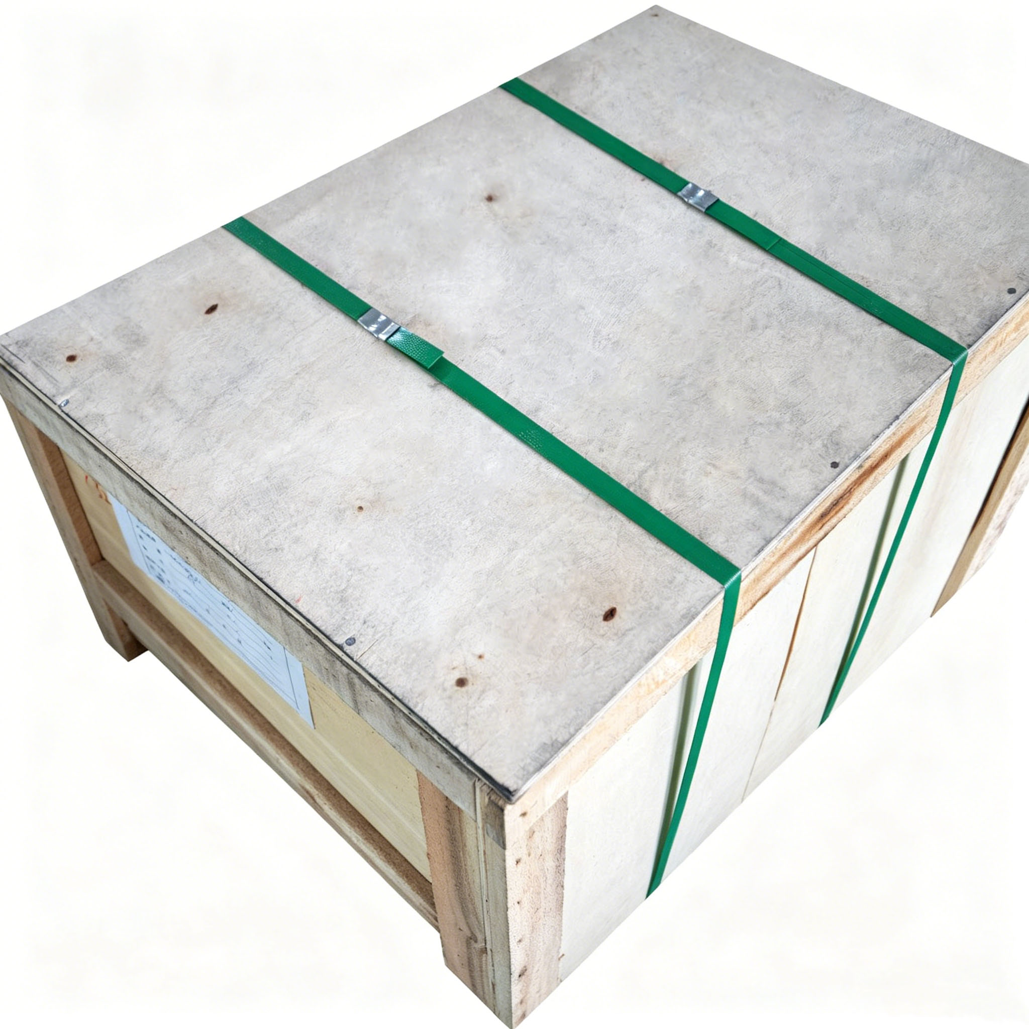 Export-grade plywood wooden case packaging for single ring graphite crucibles, secured with green strapping belts for safe international shipping.