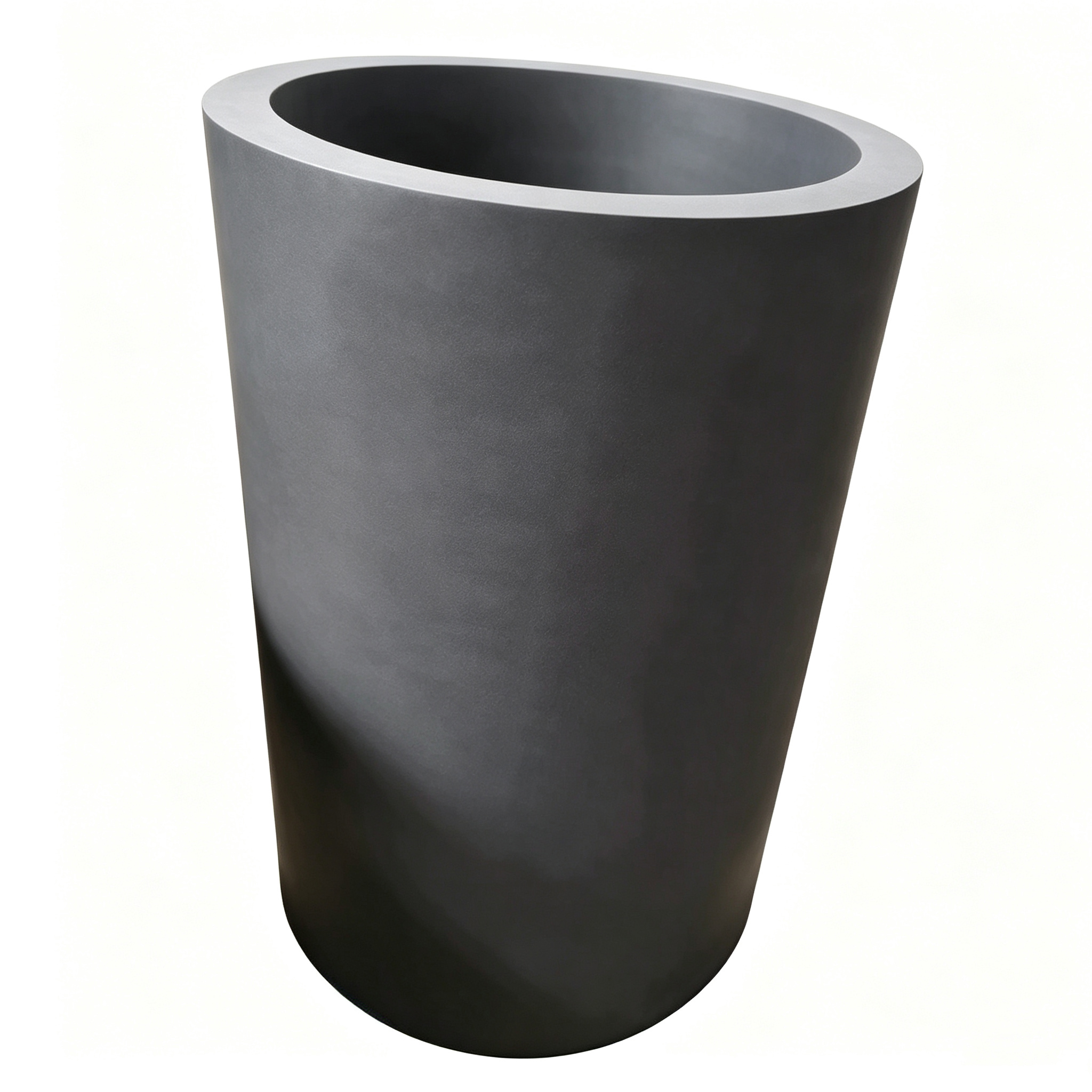 Conical tapered graphite crucible side view, wide top narrow bottom design for easy metal pouring, rounded base for stress reduction, industrial smelting container NHD Carbon custom shape