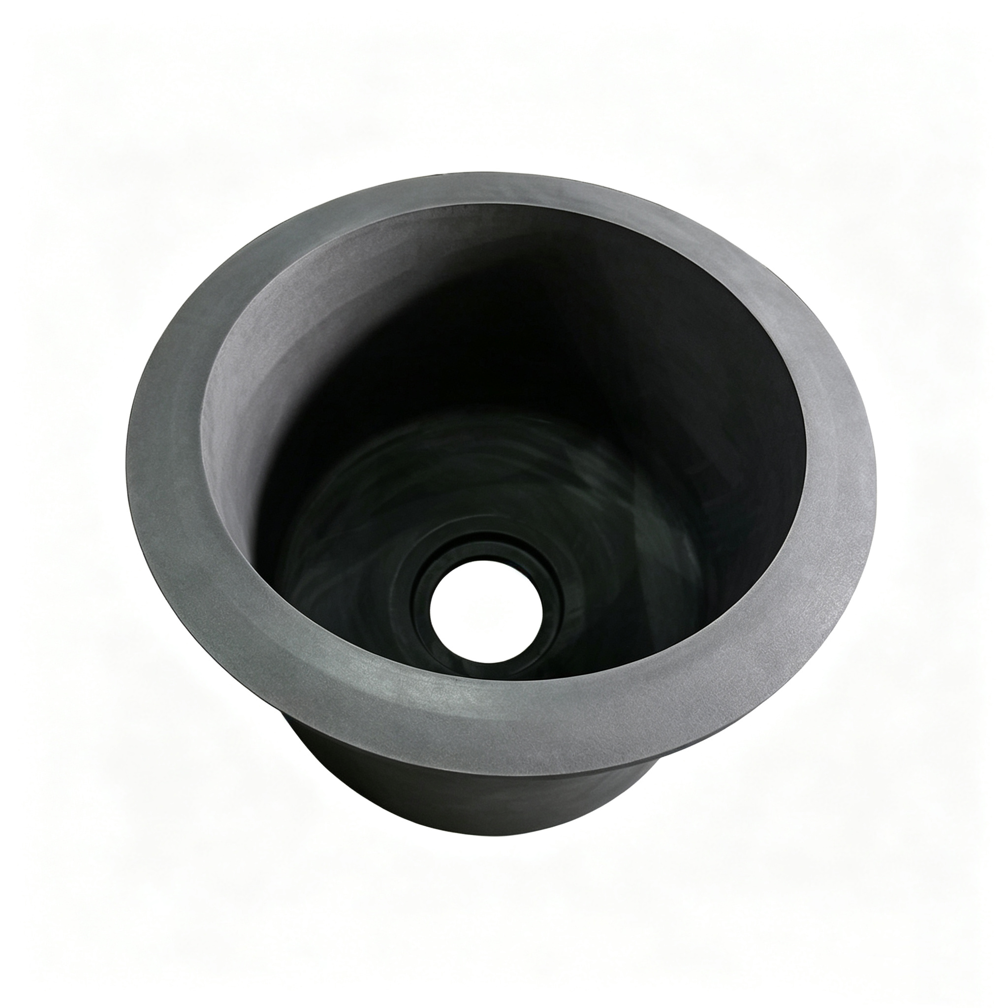 Graphite crucible with flanged rim top view, reinforced top edge for secure furnace mounting, smooth interior for molten metal flow, bottom vent hole design for pressure release, NHD Carbon custom engineering