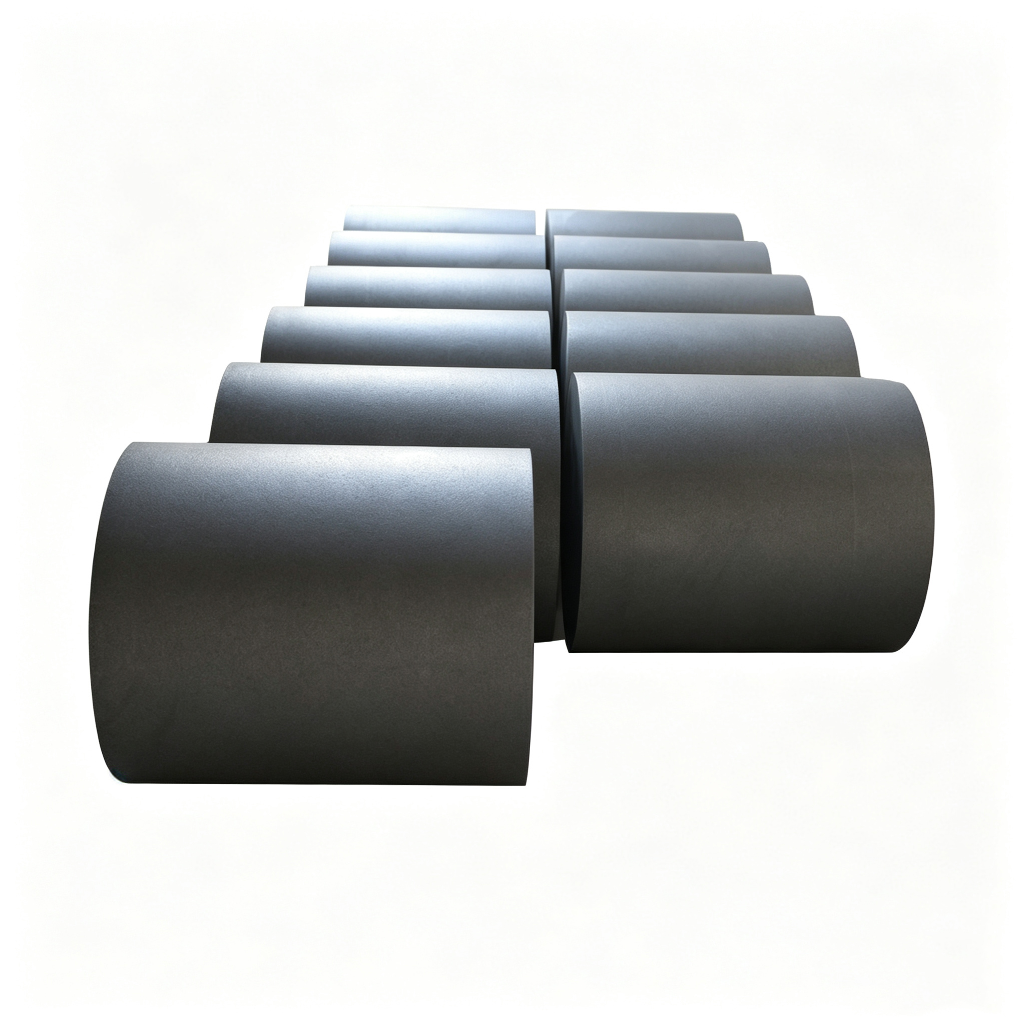 Complete graphite crucible size range 11 pieces display, full series from small laboratory to large industrial 500kg capacity, multiple diameter and height options for all furnace types, NHD Carbon comprehensive product line