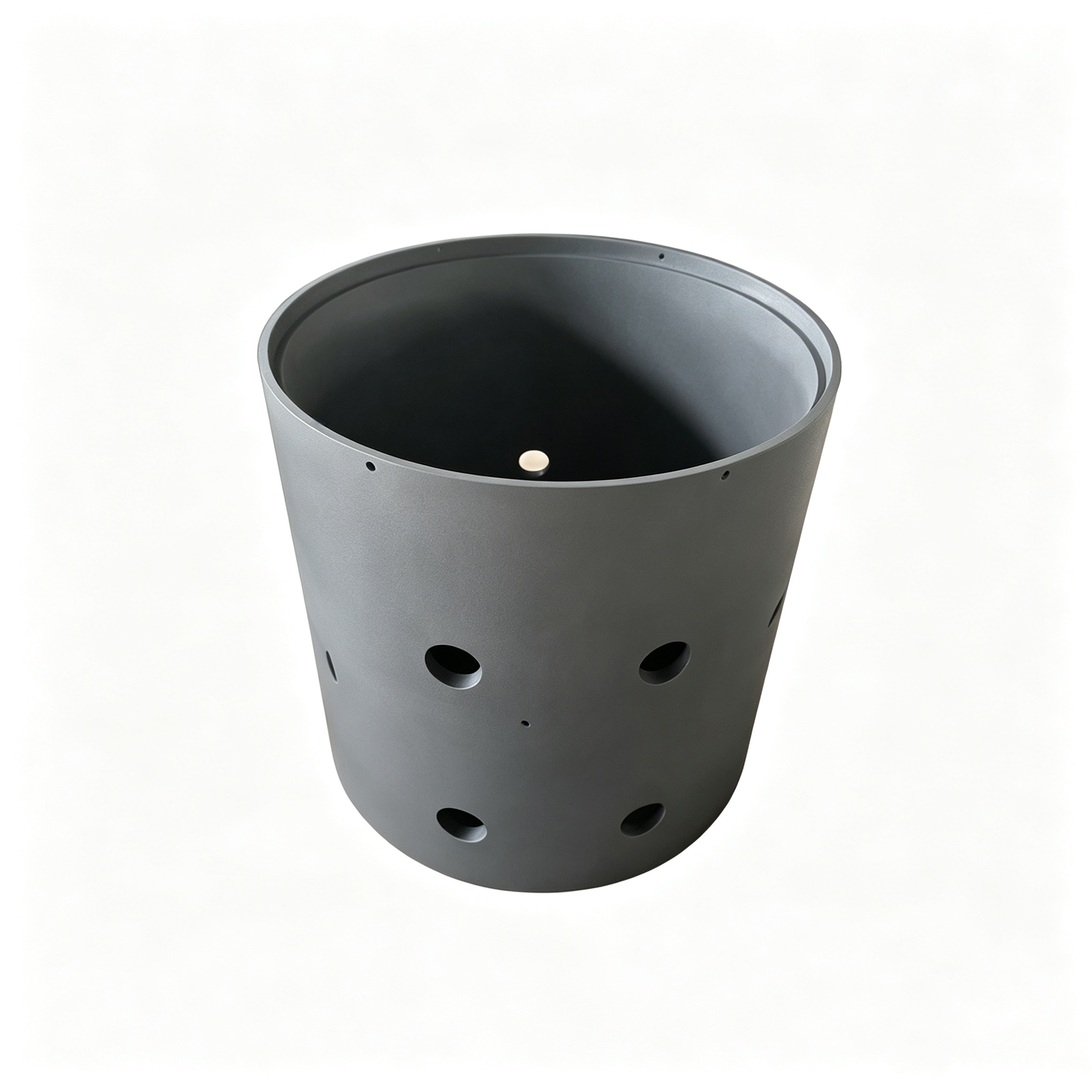 Perforated graphite crucible with side ventilation holes, cylindrical industrial smelting container for uniform heat distribution, custom machined holes for gas flow and thermal efficiency, NHD Carbon China manufacturer