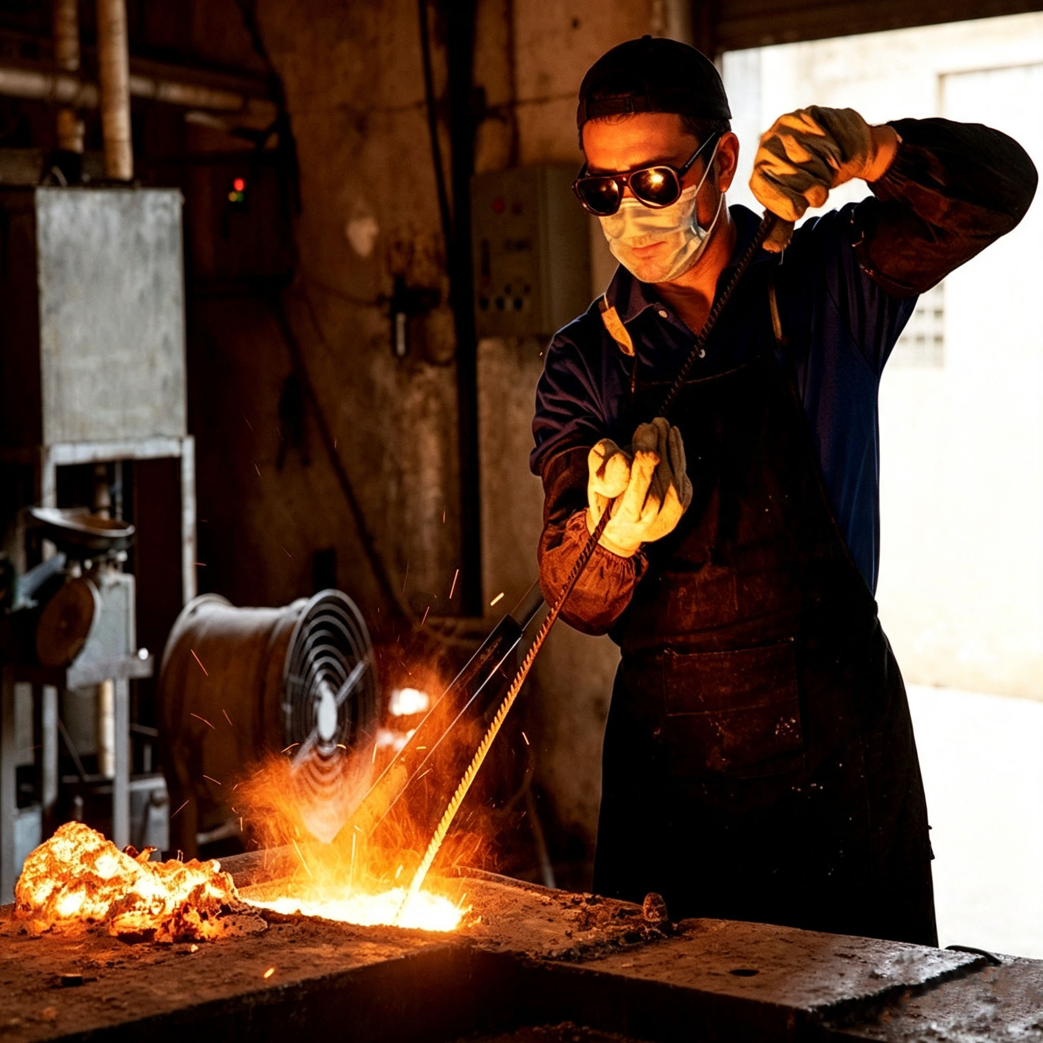Factory technician melting precious molten metal at high temperature in foundry workshop, high temperature smelting production scene using isostatic graphite crucible, industrial metal casting workshop real operation picture for jewelry refinery factory