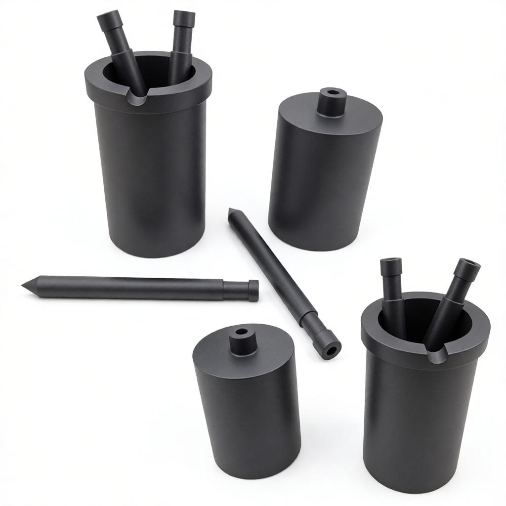 High Density Isostatic Graphite Crucible Kit With Pour Notch, Matched Graphite Guide Pins For Gold Silver Copper Continuous Casting, OEM Custom Graphite Melting Pots For Industrial Furnace