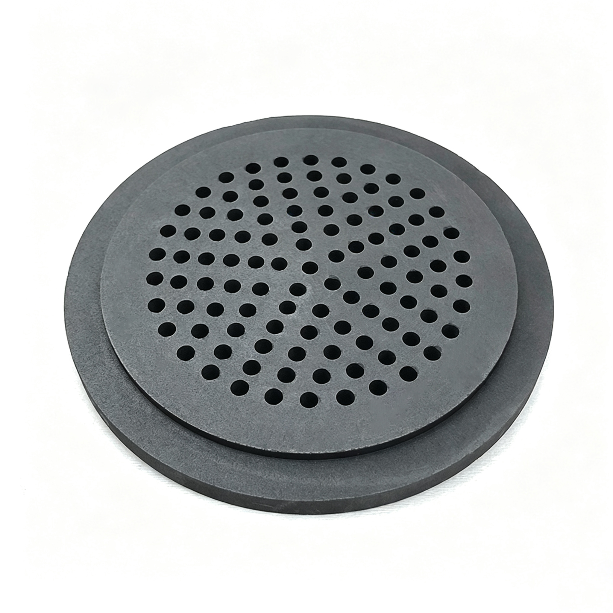 Graphite perforated disc combo with sparse and dense hole patterns, two-layer porous carbon sintering plate set for adjustable gas flow rate in high-temperature furnace applications