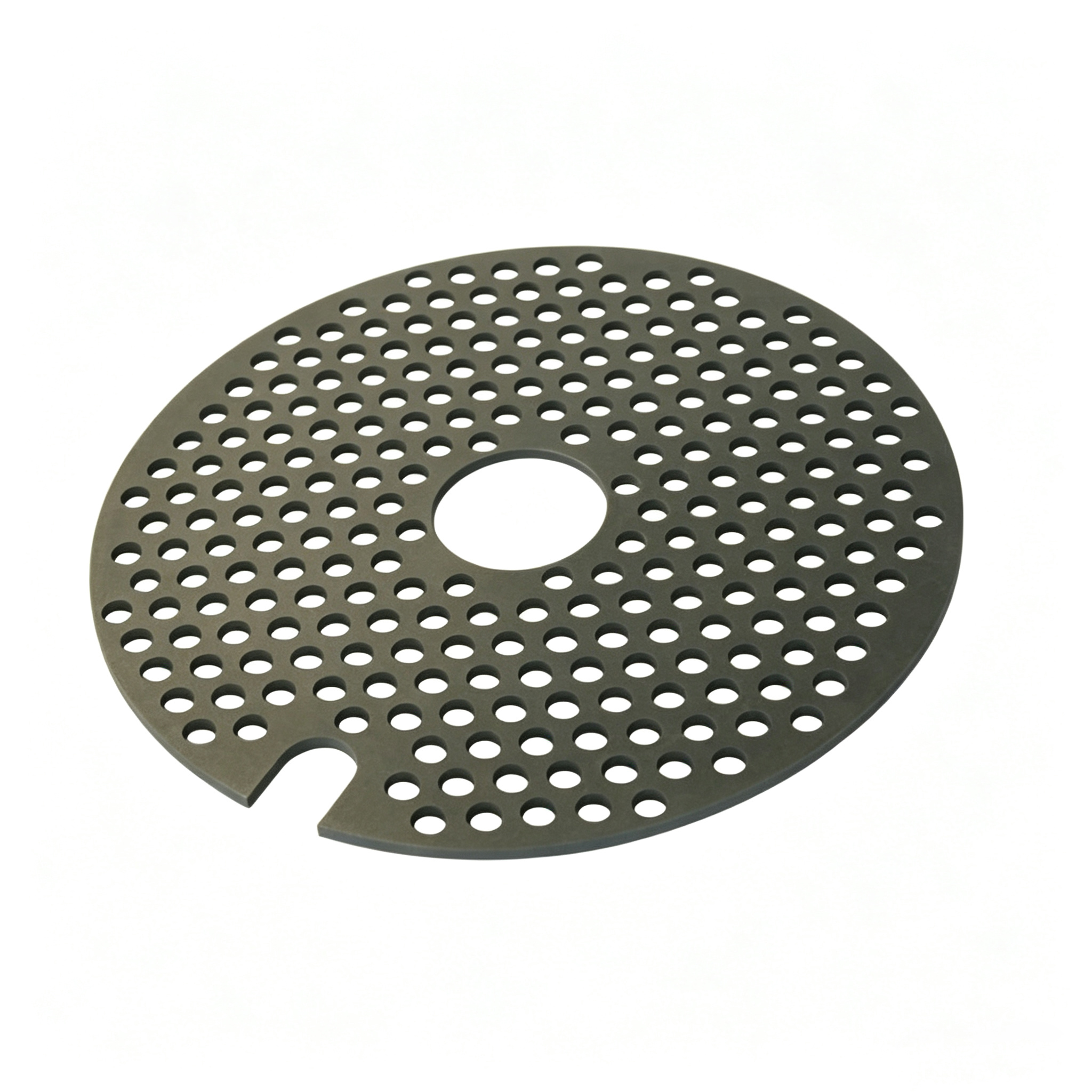 Ningheda graphite disc with edge notch and center hole for quick alignment, precision perforated carbon sintering tray with V-cut positioning feature for multi-layer furnace stacking