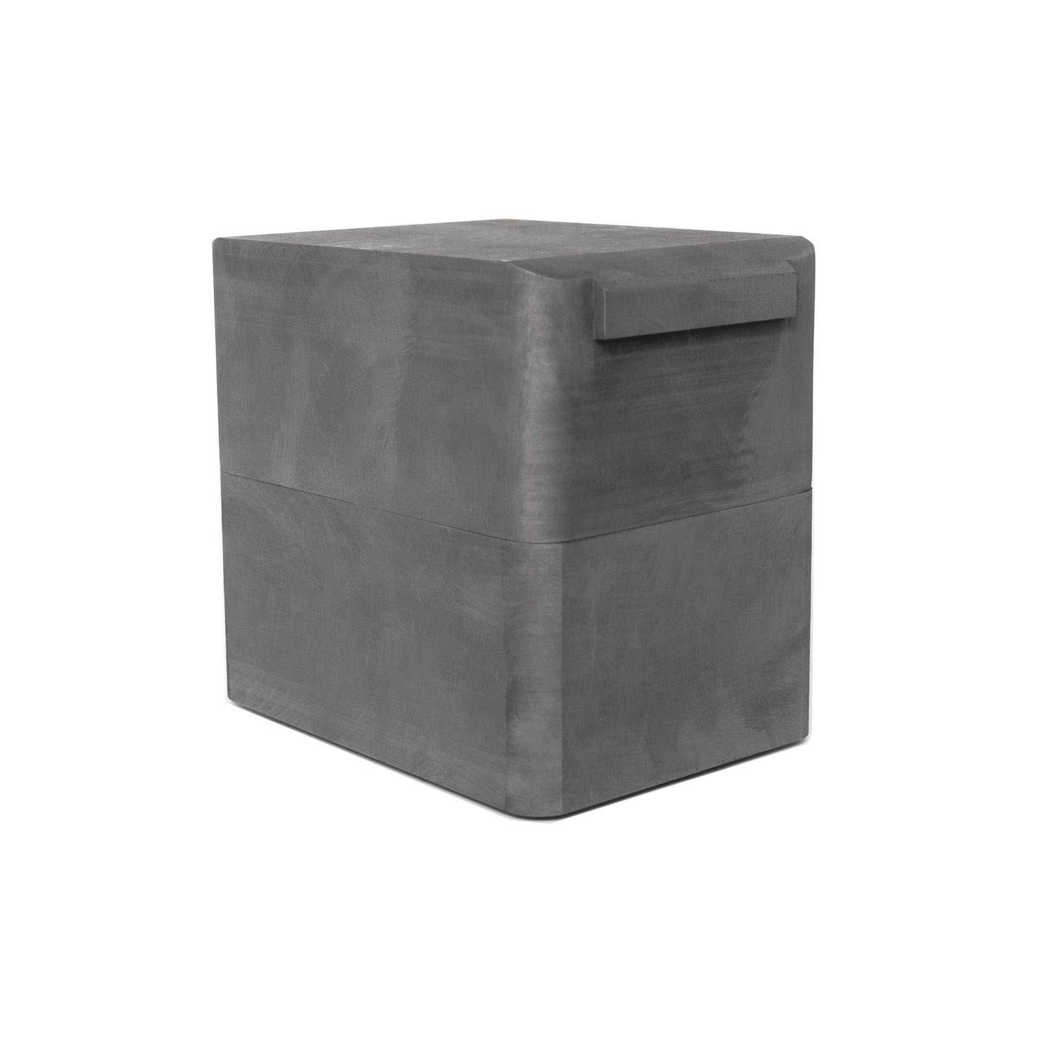 Cubic isostatic graphite sagger box with closed lid and integrated side handle, designed for secure stacking in high-temperature vacuum sintering furnace