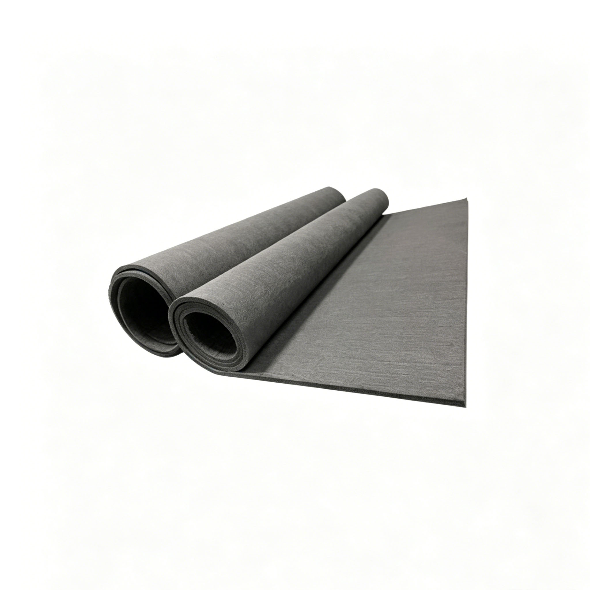 Two rolls of rayon-based soft graphite felt unrolled to show standard width range 1200-1600mm for industrial thermal insulation