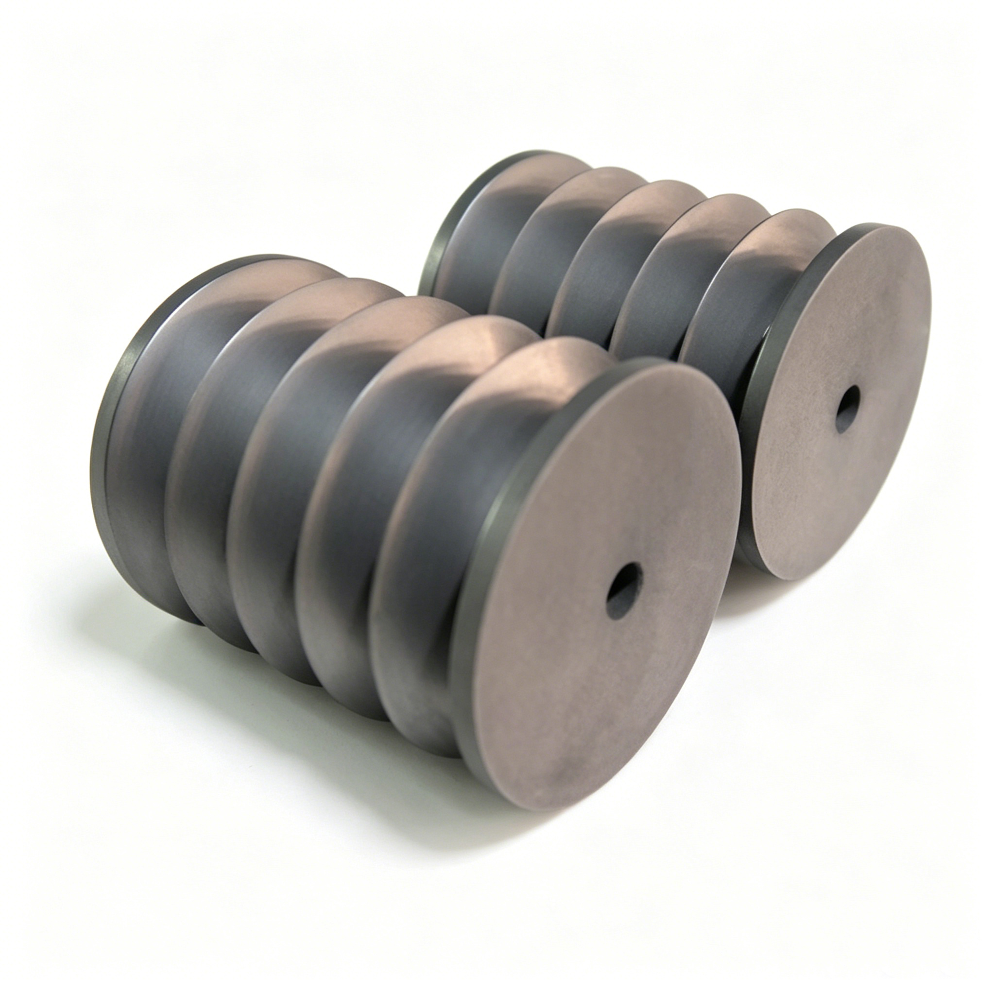 Five-groove integrated graphite bunching wheel, five parallel V-channels machined in single body, multi-strand fiber collection without cross-winding
