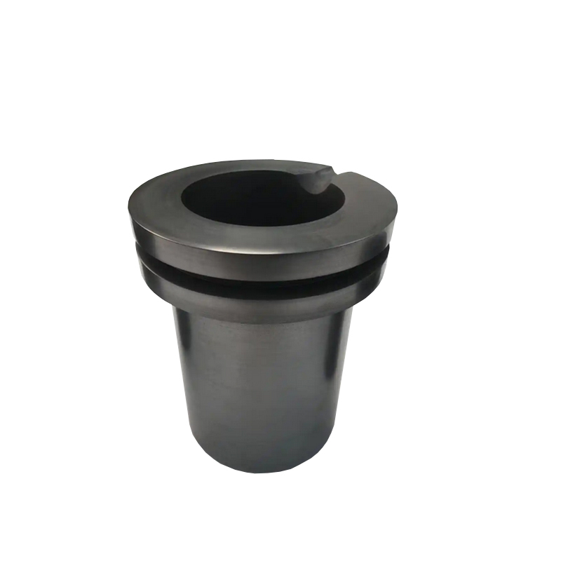 High purity double ring graphite crucible front view with precision machined pouring spout, ideal for gold silver melting applications