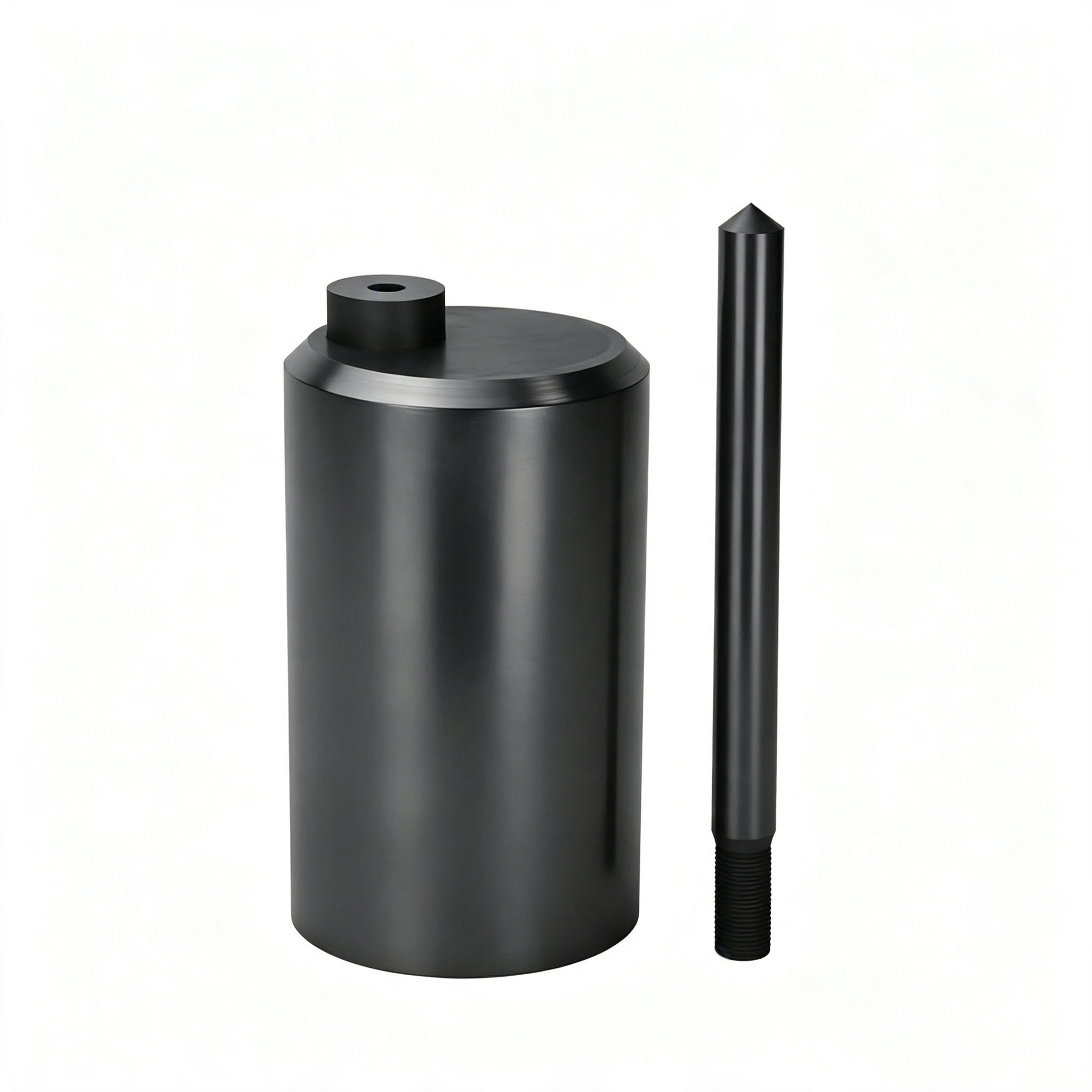 Tall high temperature resistant graphite crucible with top hole column, matched sharp tip threaded graphite stirring rod for large-volume precious metal casting