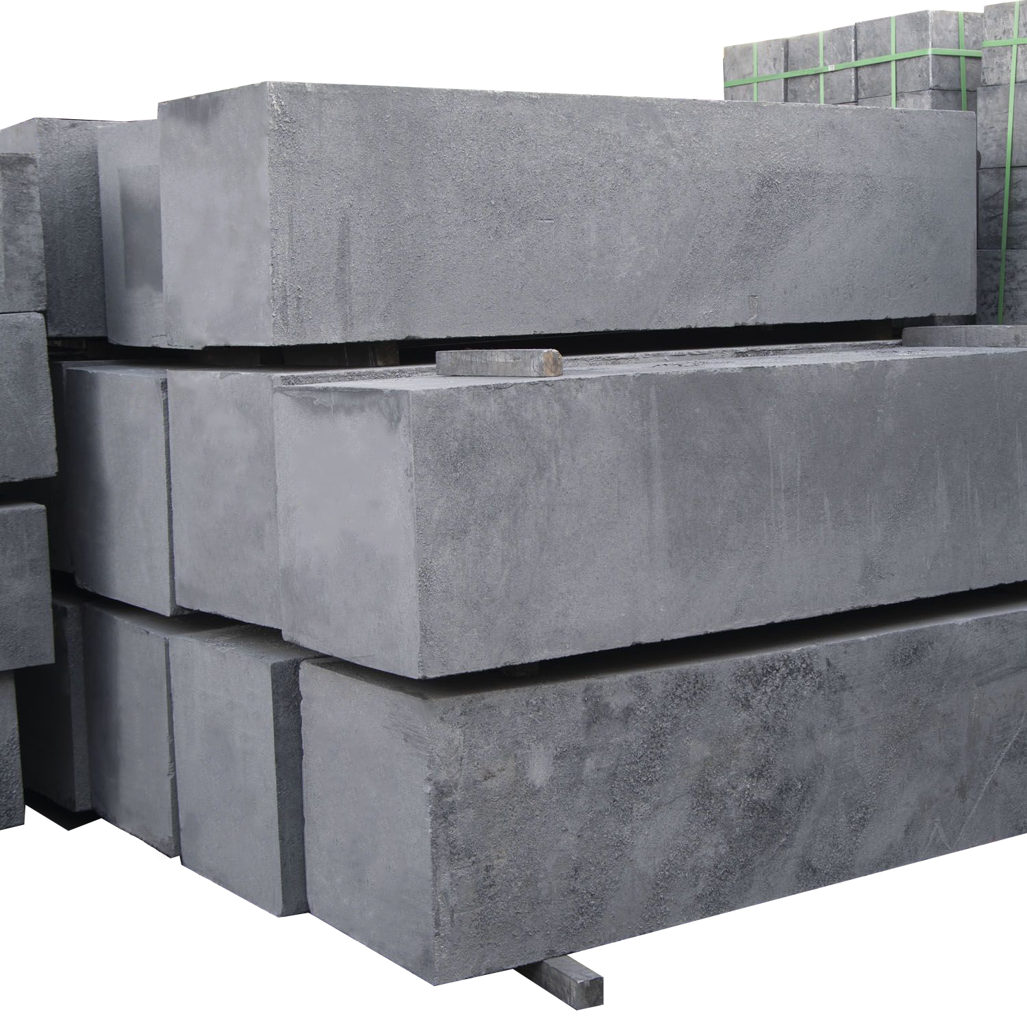 Large size medium grain graphite blocks stacked in factory warehouse, vibration molded process, maximum 3600mm length, density 1.62-1.72g/cm&sup3; for furnace lining and casting molds