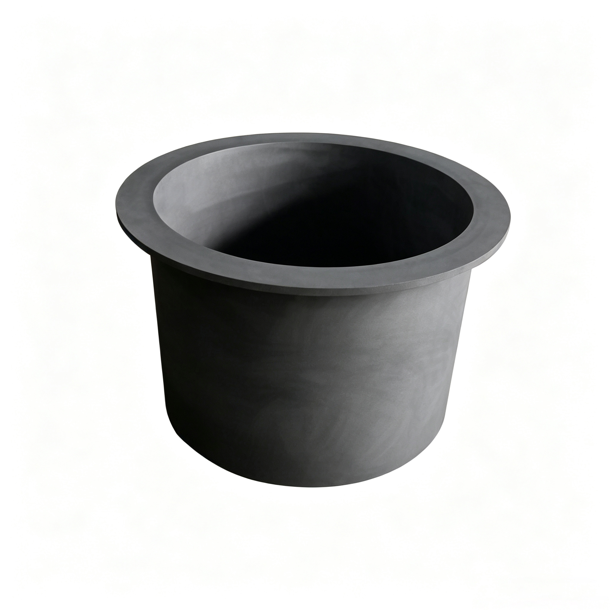 Graphite crucible with wide flange rim, extended top edge for stable furnace seating and thermal insulation, heavy duty industrial melting container for continuous casting, NHD Carbon reinforced design