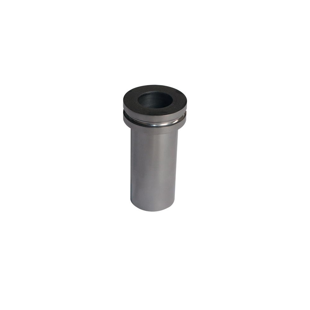 Single double ring graphite crucible standing upright on white background, smooth surface finish and precise ring machining