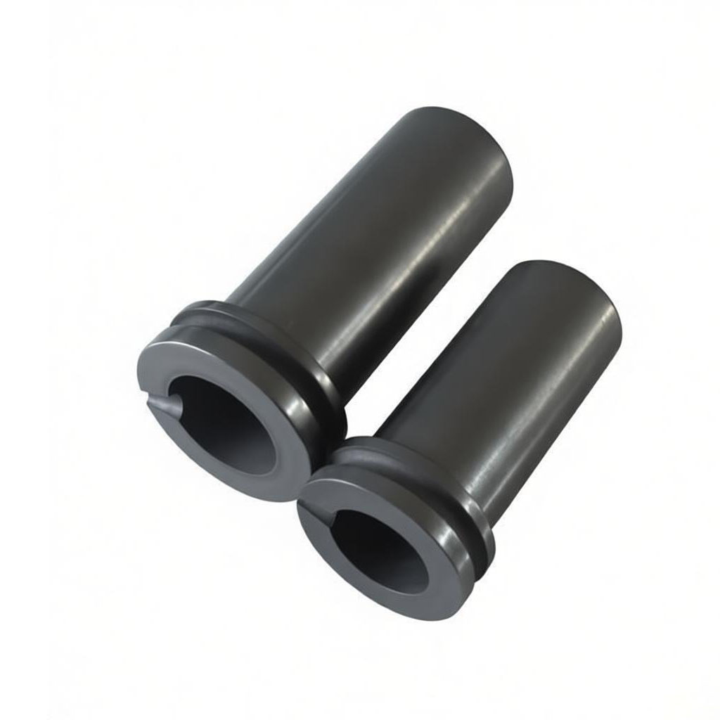 Side profile view of two double ring graphite crucibles showing cylindrical body and dual-ring collar design for furnace stability