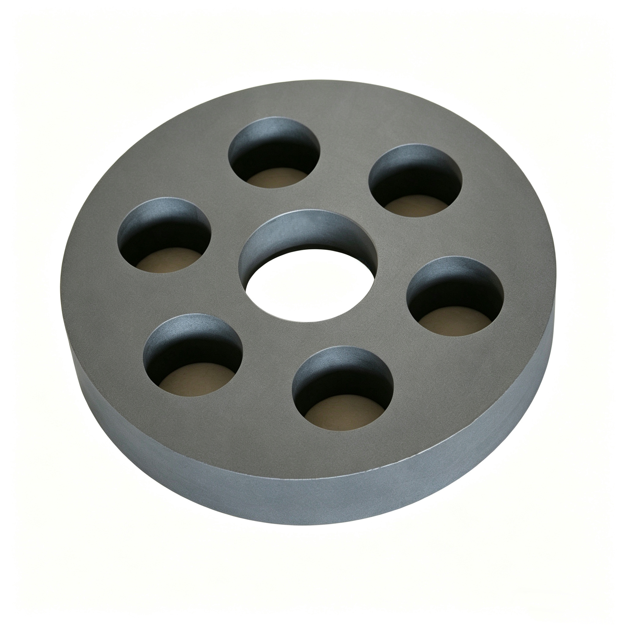 Heavy-duty graphite disc with chamfered edge and six-hole pattern around center bore, precision machined carbon sintering tray for uniform weight distribution in vacuum furnace
