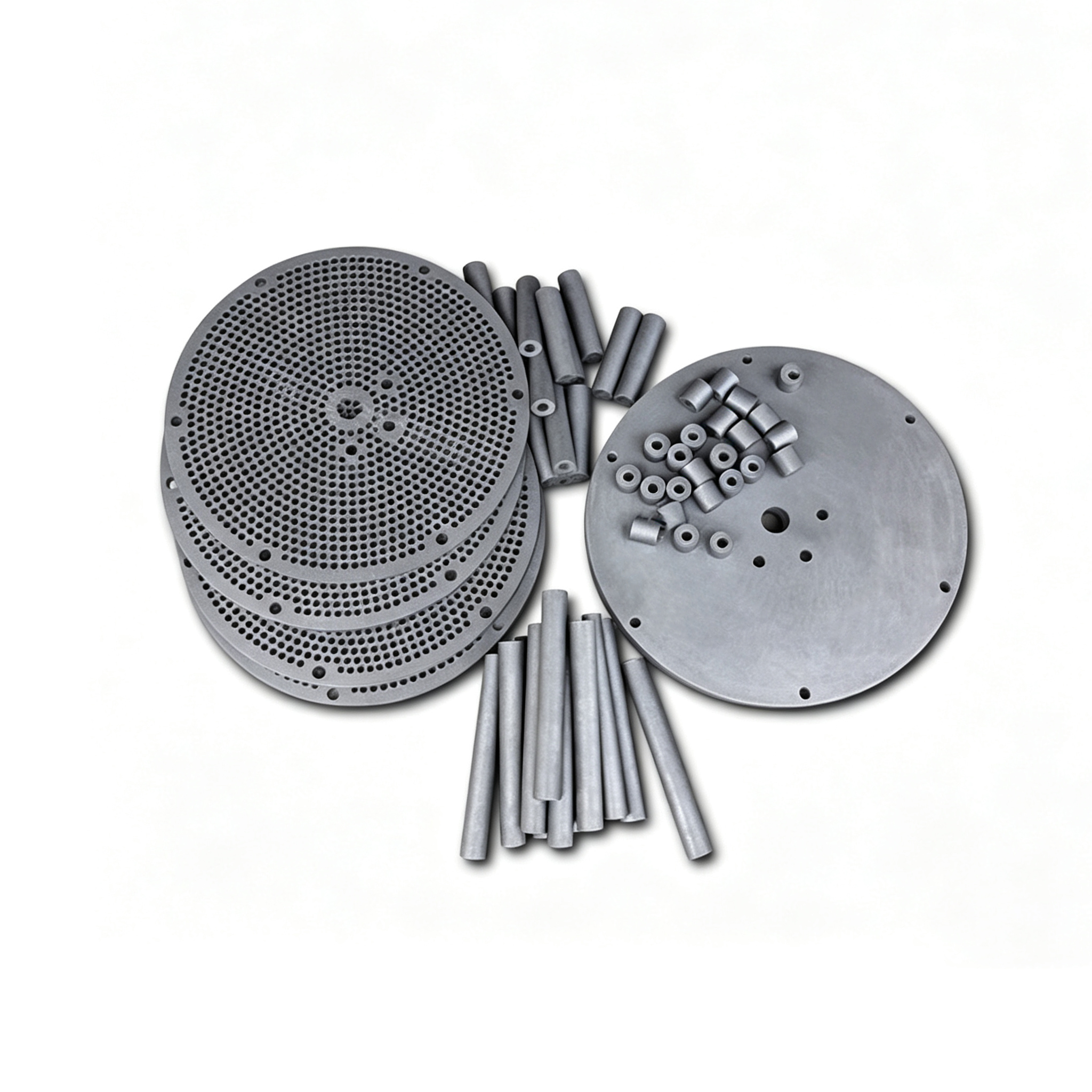 Complete graphite sintering kit including perforated disc, graphite rods, washers and solid plate, Ningheda customized high-temp furnace assembly components for powder metallurgy