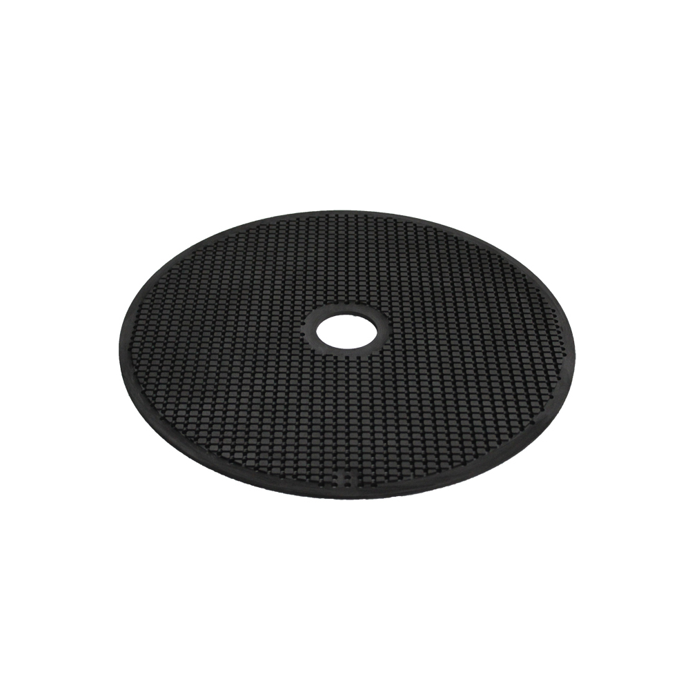 CNC machined graphite disc with woven pattern perforation and center hole, 3D rendered precision porous carbon plate for industrial sintering furnace applications