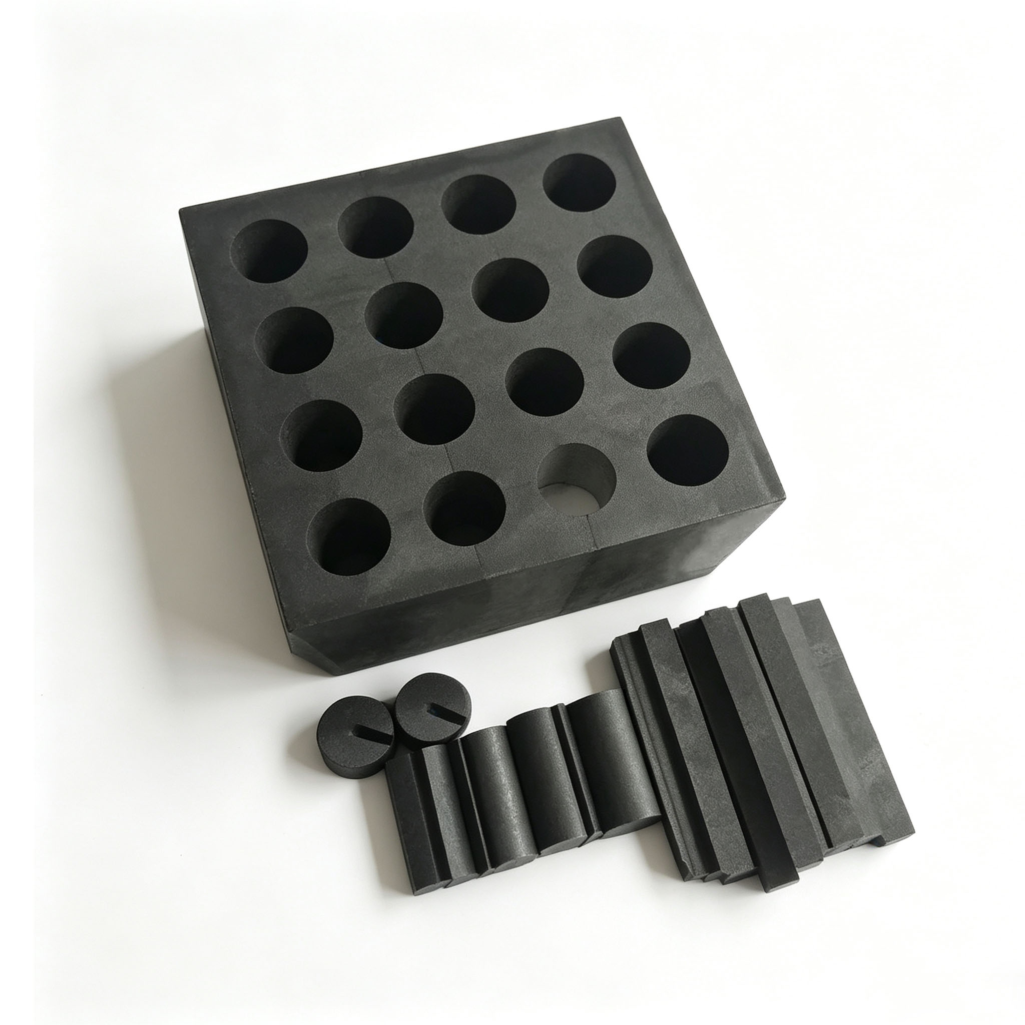 Multi cavity graphite mold block matched with full supporting graphite accessories: punch, pressure strip, sealing lid for diamond tool sintering