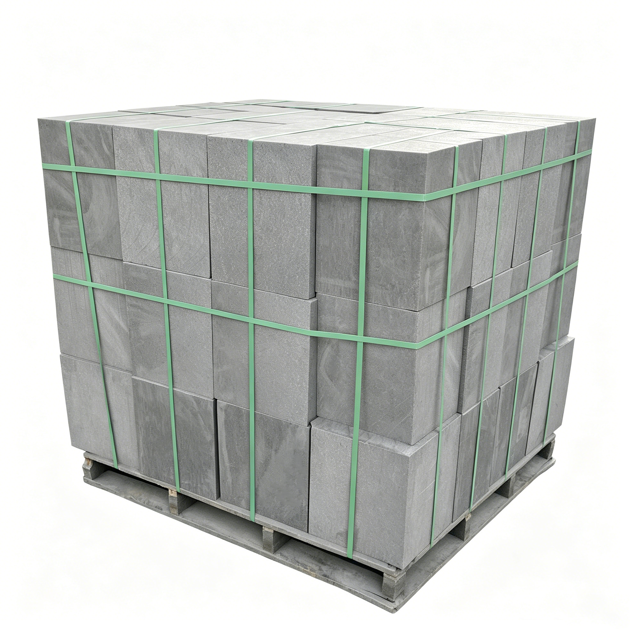 Full pallet of medium grain vibration molded graphite blocks secured with green strapping bands on wooden pallet, ready for bulk shipment export, density 1.62-1.72g/cm³