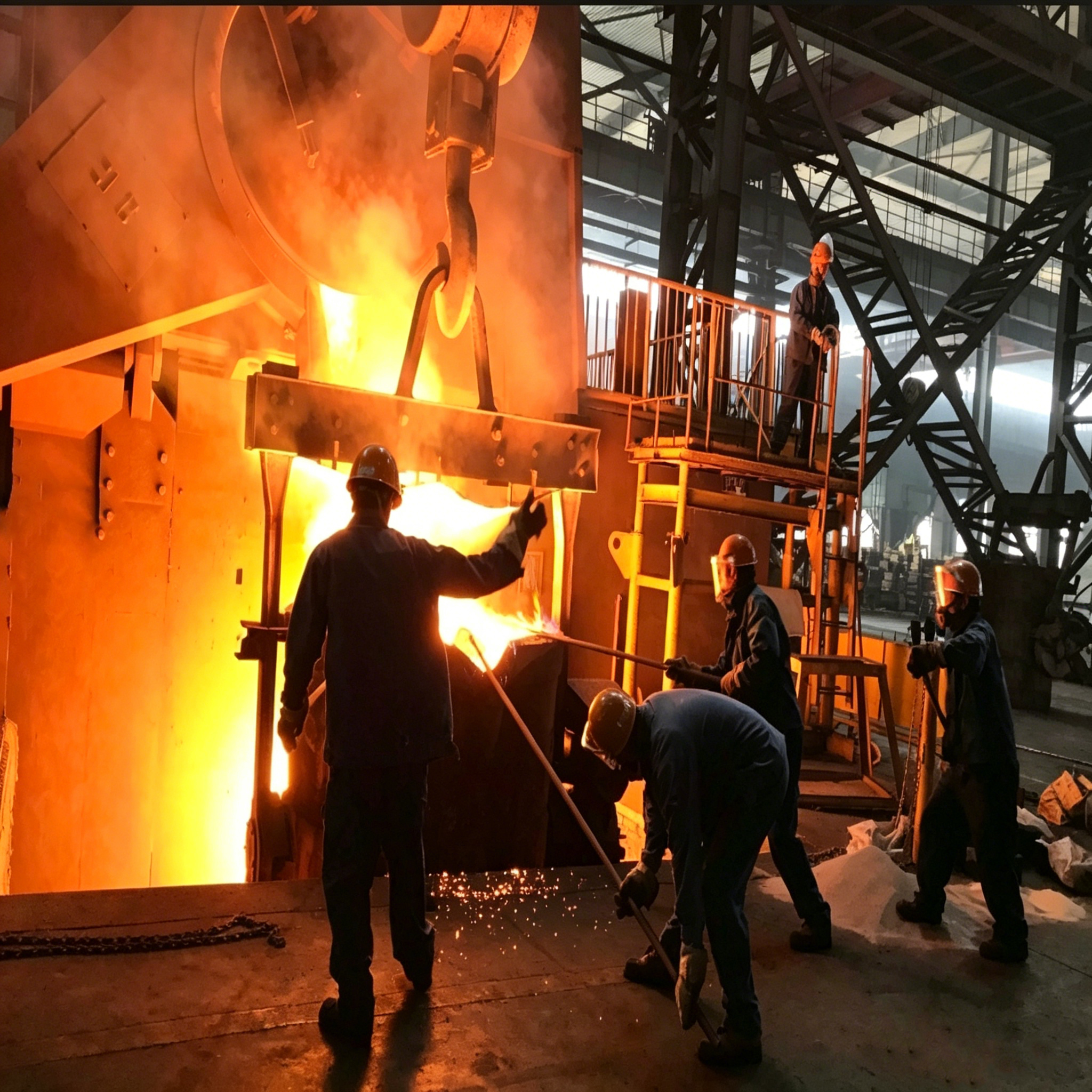 Large size graphite block used as furnace lining in high temperature casting and metallurgy industry, 2.0mm medium grain vibration molded graphite with density 1.62g/cm&sup3;, showing molten metal pouring process