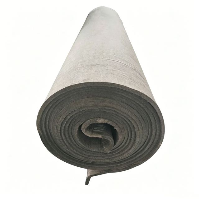 Close-up cross-section view of rayon-based soft graphite felt roll revealing layered fiber structure and density 0.15-0.28 g/cm3