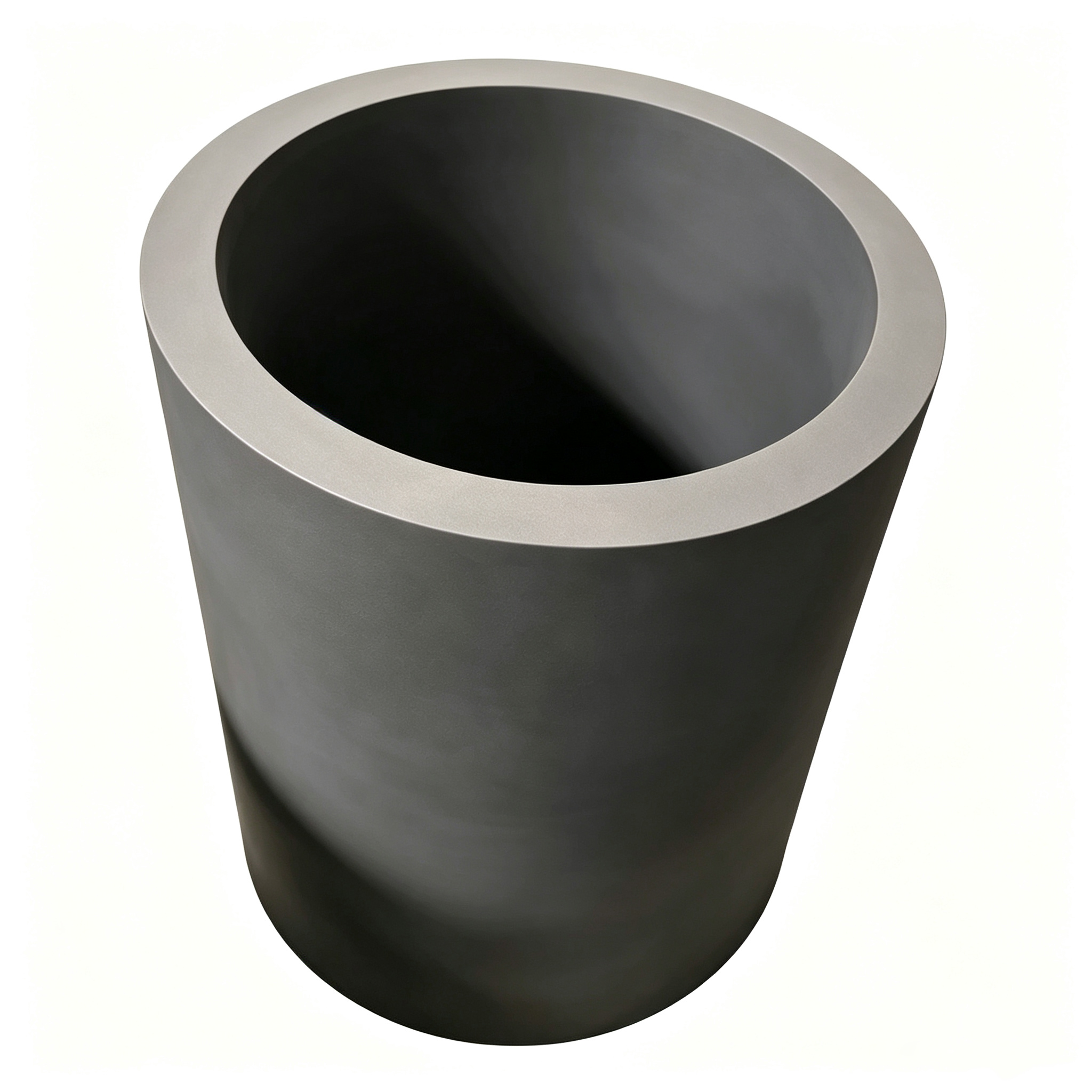 Cylindrical graphite crucible top view concentric ring texture, thick wall construction, precision machined interior for uniform heat distribution, industrial melting crucible NHD Carbon