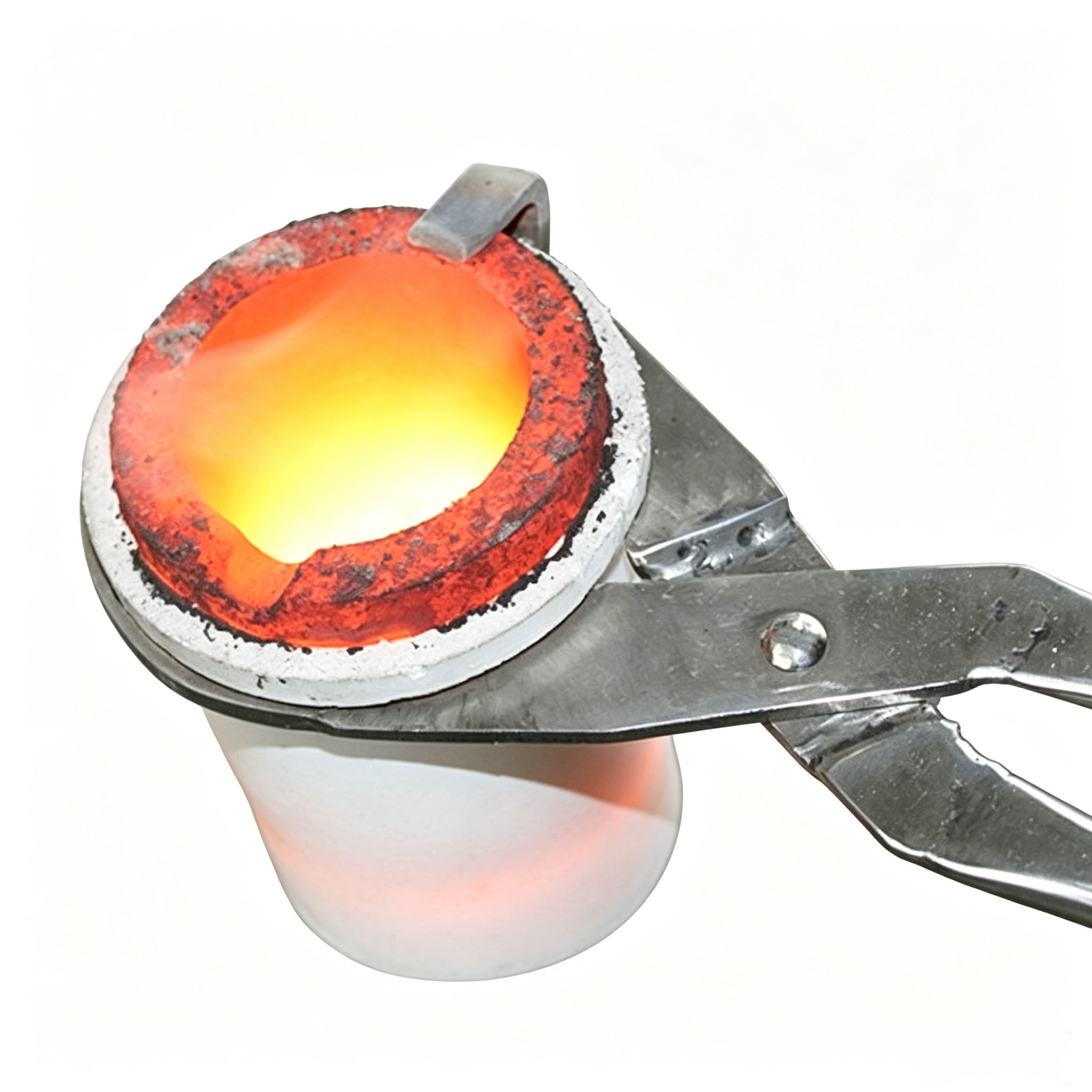 Double ring graphite crucible holding molten precious metal during recycling and refining process, high temperature gold silver melting with crucible tongs