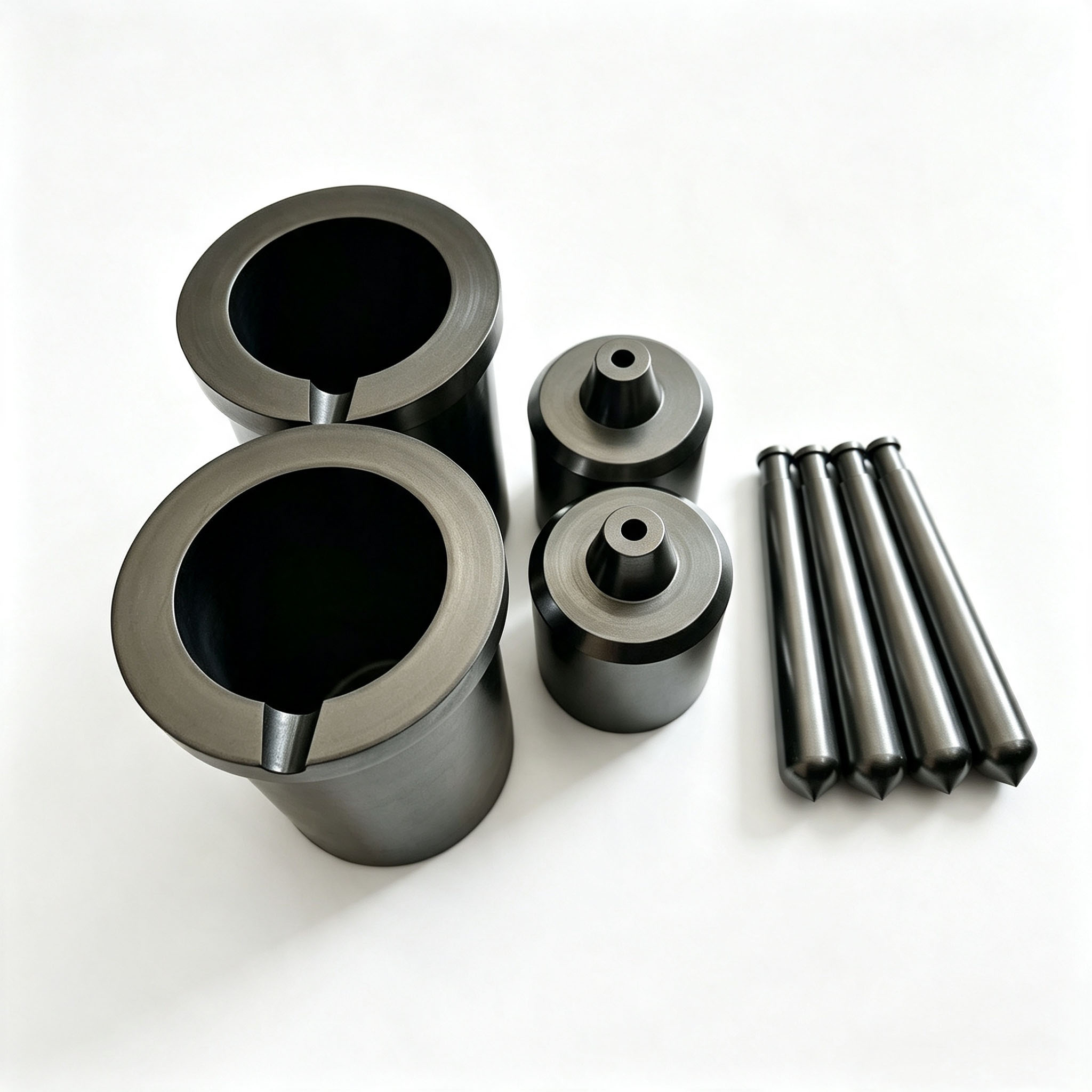 Complete Graphite Melting Consumables Kit, Notched Graphite Crucible, Center Discharge Hole Graphite Pot, Graphite Guide Pins For Metal Casting