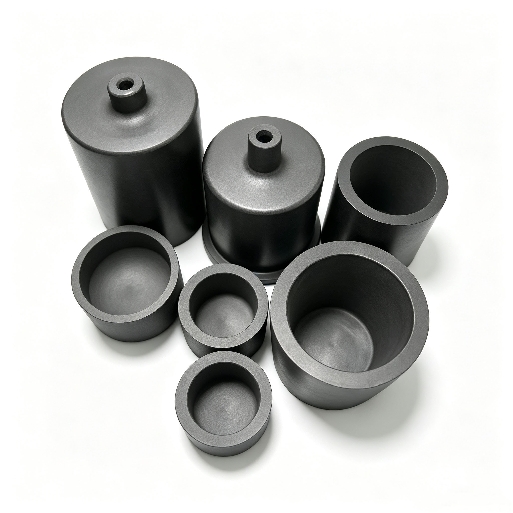 Full range different capacity graphite crucible collection including open-top melting pots and lidded pouring graphite crucibles, high strength anti-corrosion graphite consumables for lab testing, jewelry factory and large industrial metal refining furnaces, factory customizable sizes
