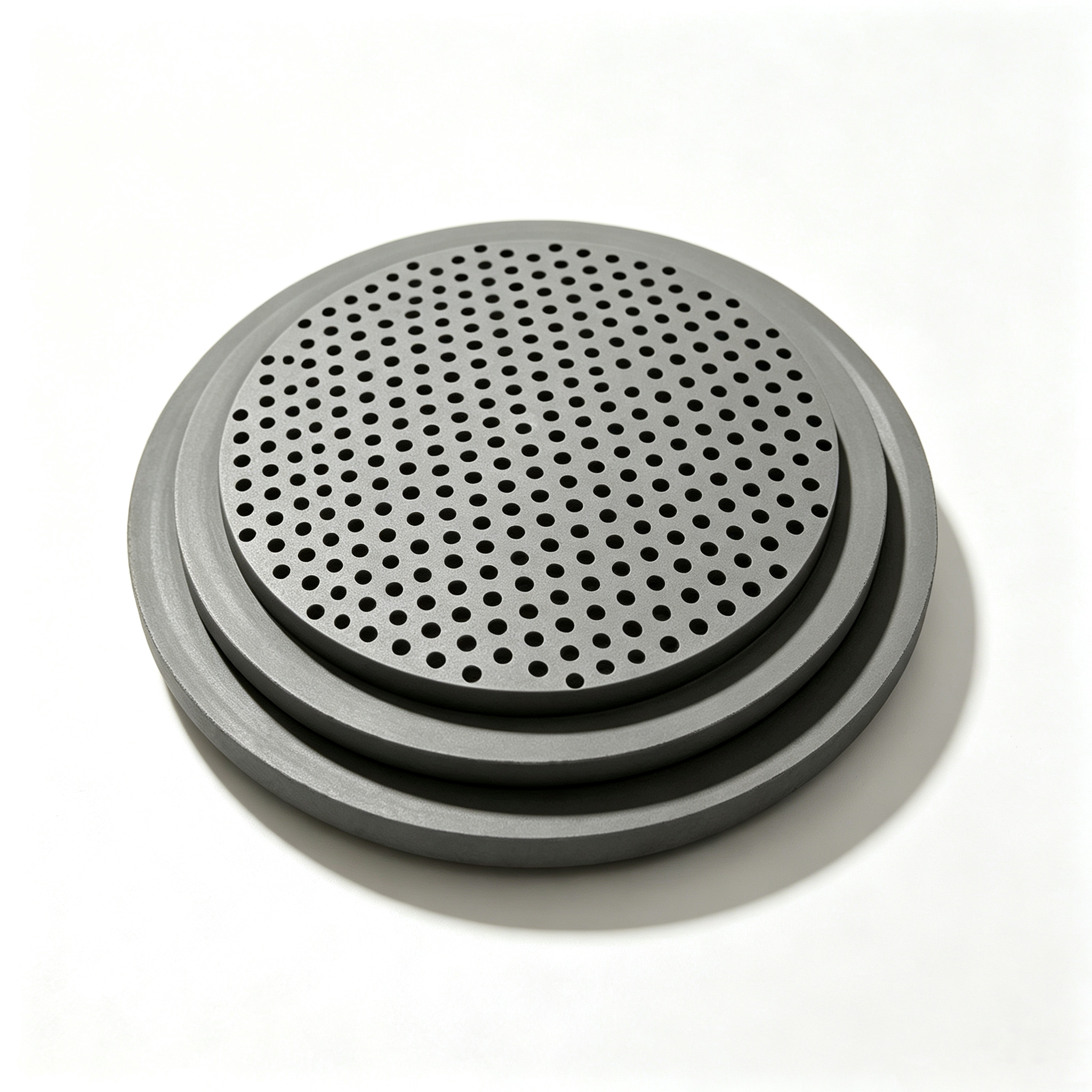 Nested stack of graphite perforated discs in multiple sizes, four-layer stepped carbon sintering tray set showing dimensional range from Ningheda custom manufacturing capability